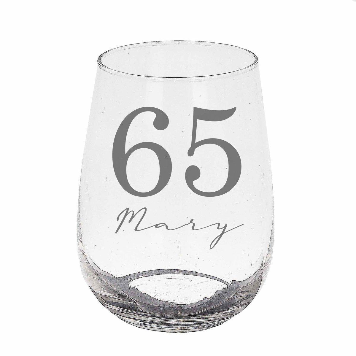 Personalised Engraved Name and Age Stemless Gin Glass – Birthday Gift