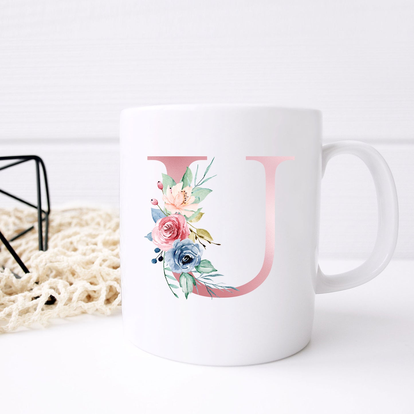Monogrammed Ceramic Mug – Pink Floral Letter Design for Gift