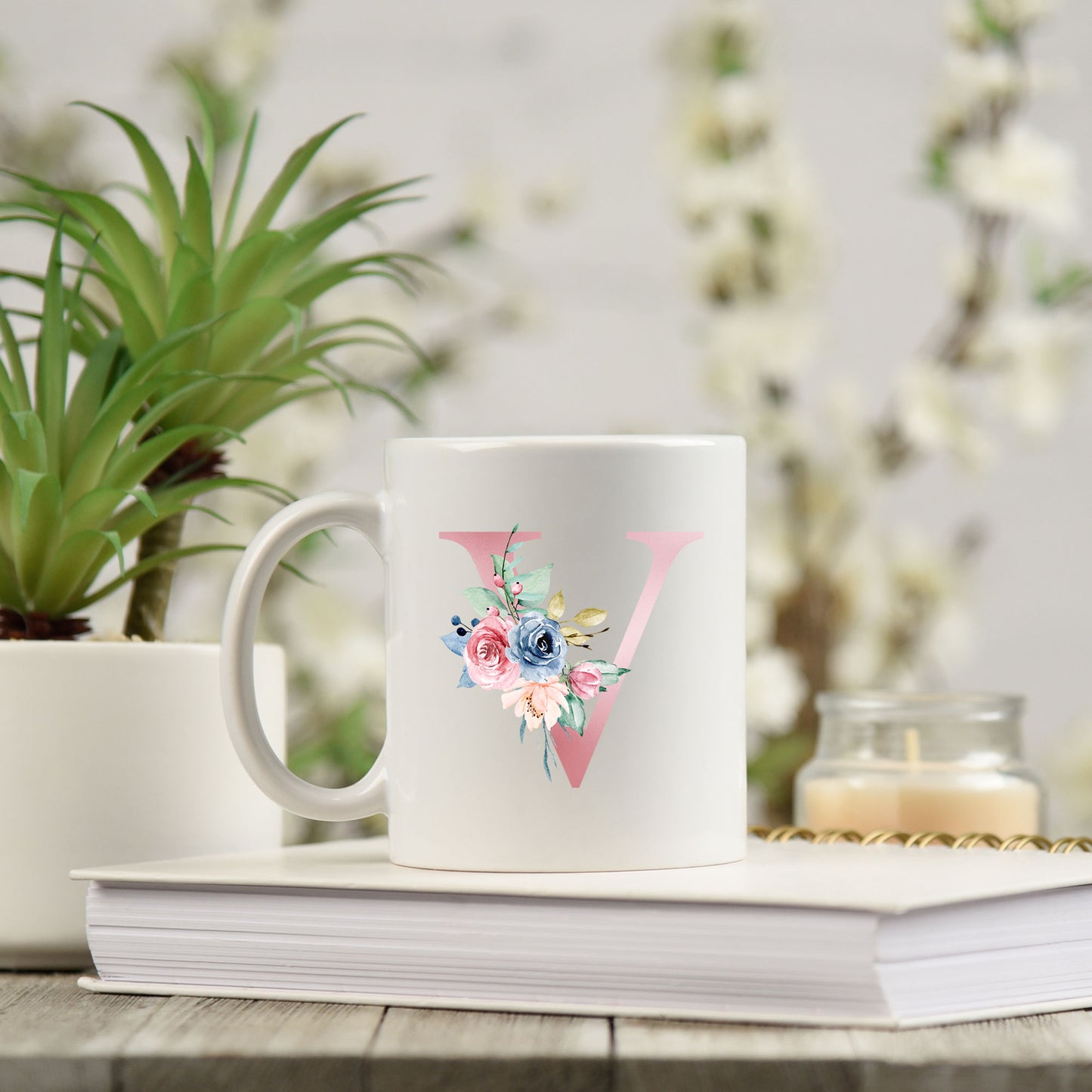 Monogrammed Ceramic Mug – Pink Floral Letter Design for Gift