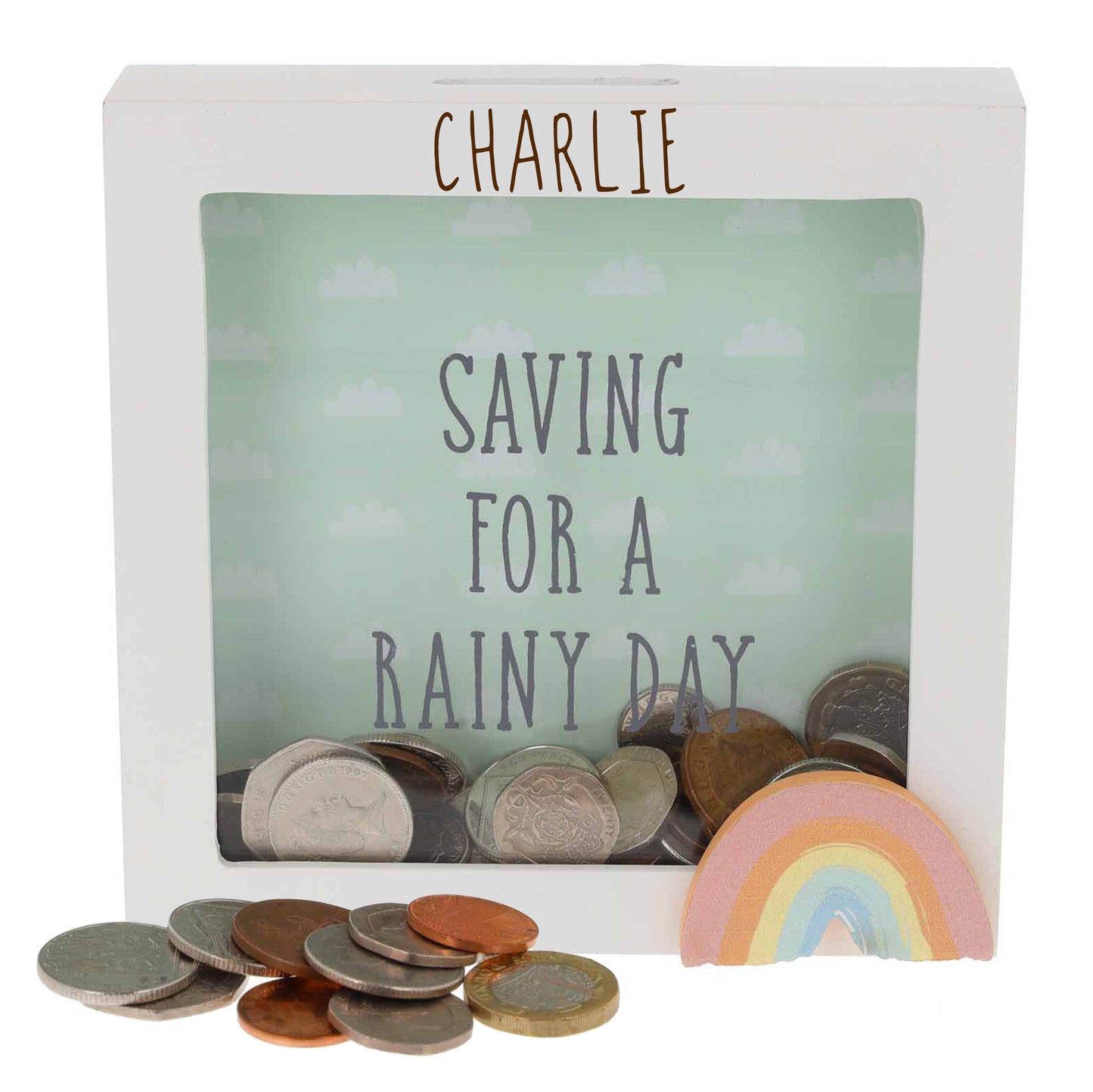 Personalised Engraved Pink/Blue or Cream Money Box Frame Piggy Bank New Baby Gift