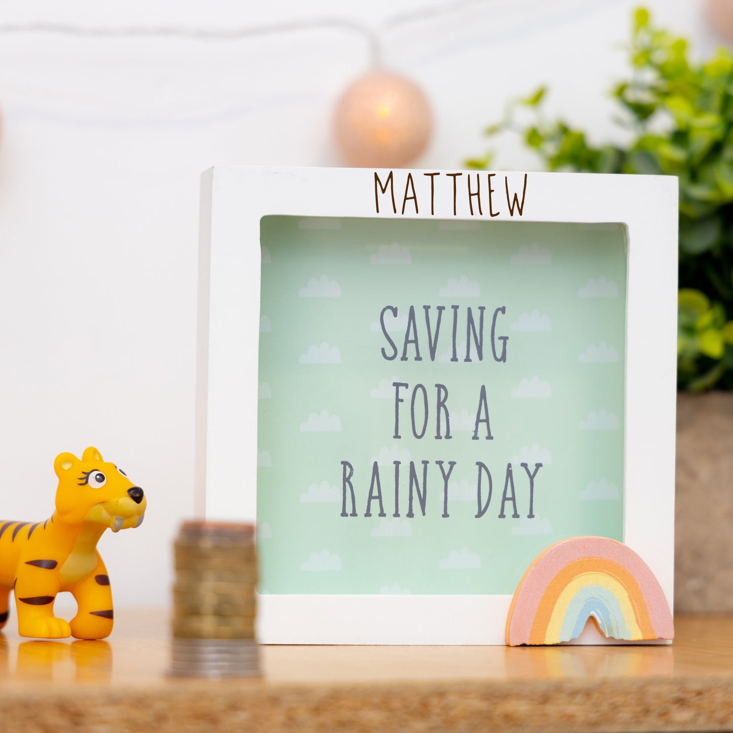 Personalised Engraved Pink/Blue or Cream Money Box Frame Piggy Bank New Baby Gift