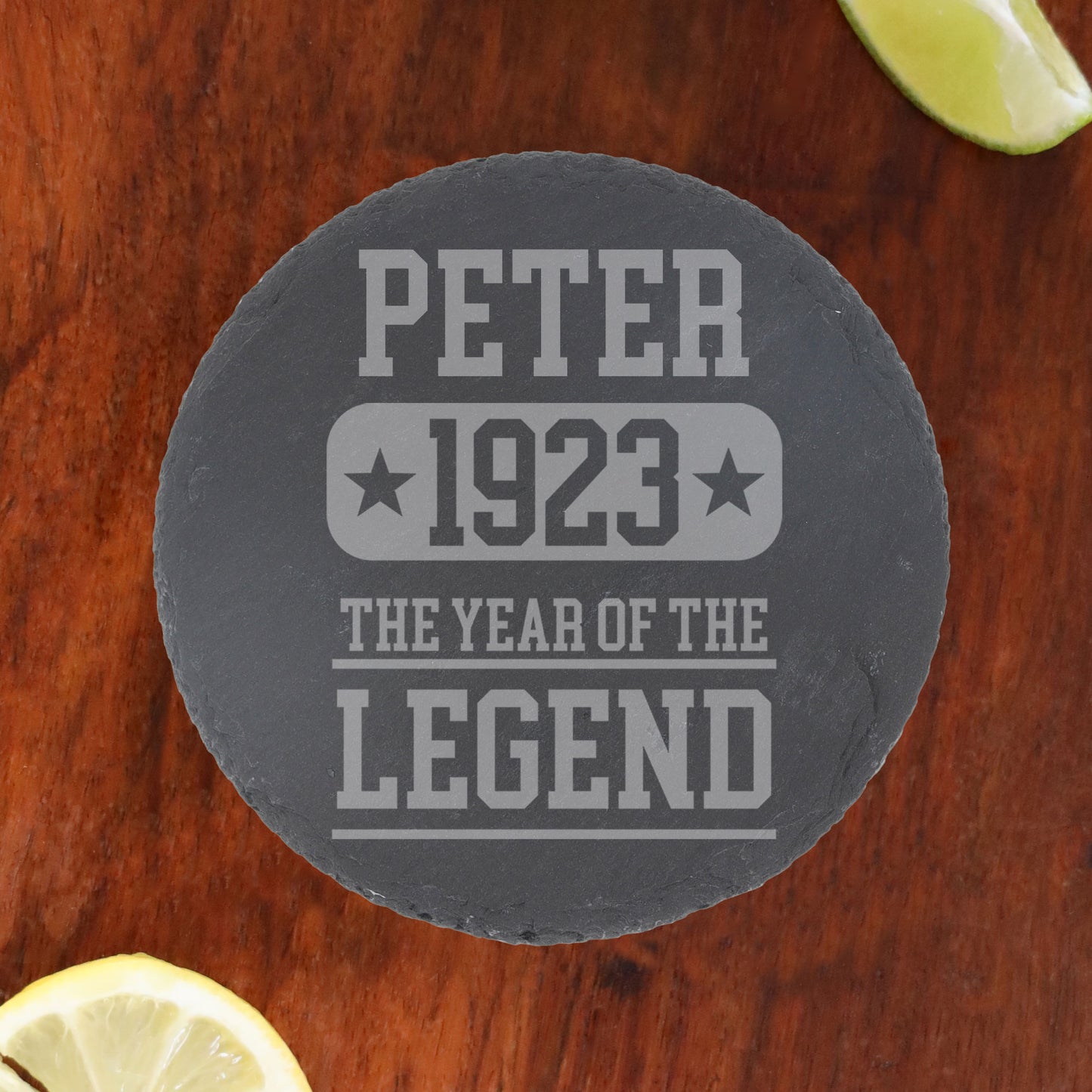 ANY Year Of The Legend Personalised Engraved Whisky Glass and/or Coaster Set  - Always Looking Good - Round Coaster Only  