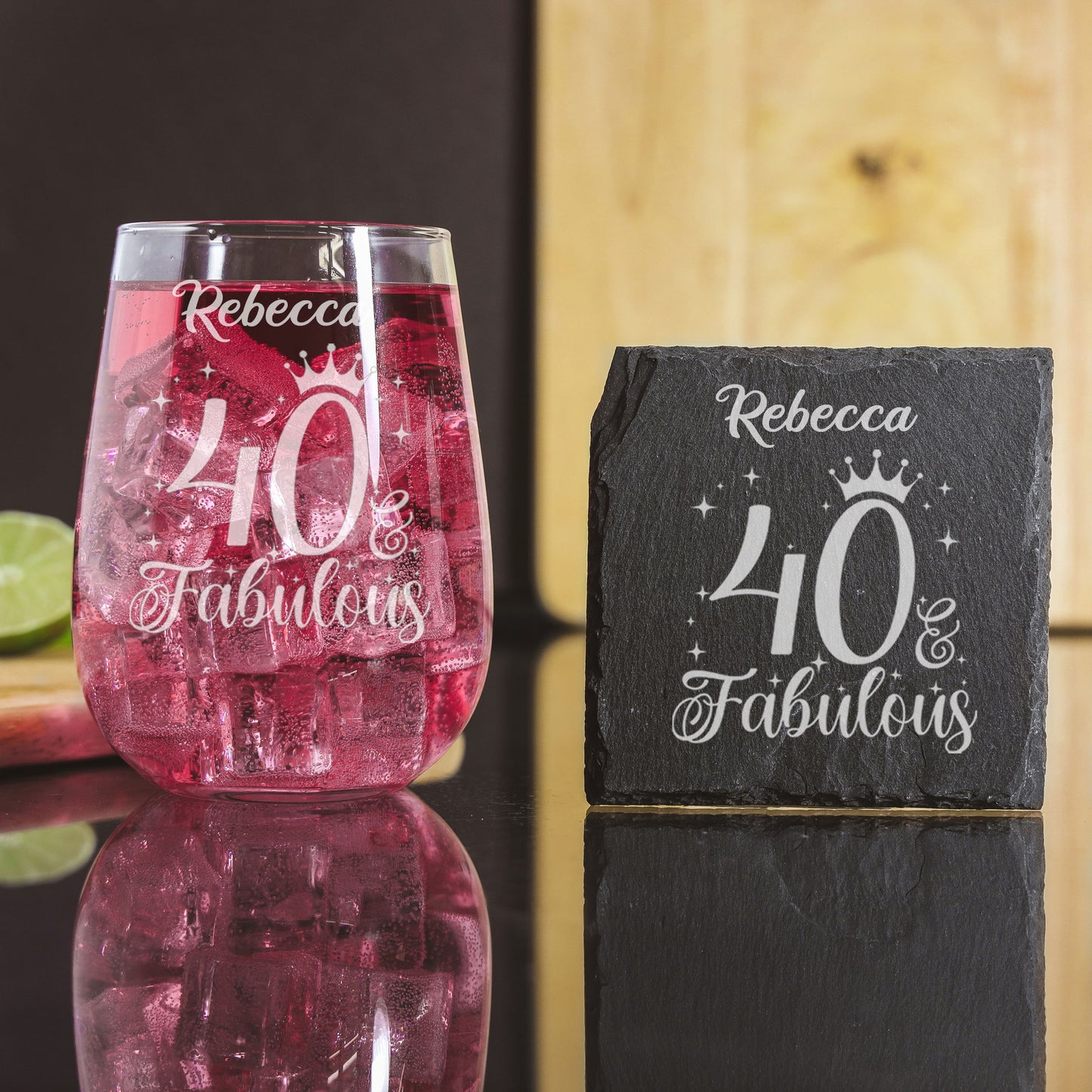 40 & Fabulous Engraved Stemless Gin Glass and/or Coaster Set  - Always Looking Good - Glass & Square Coaster Set  