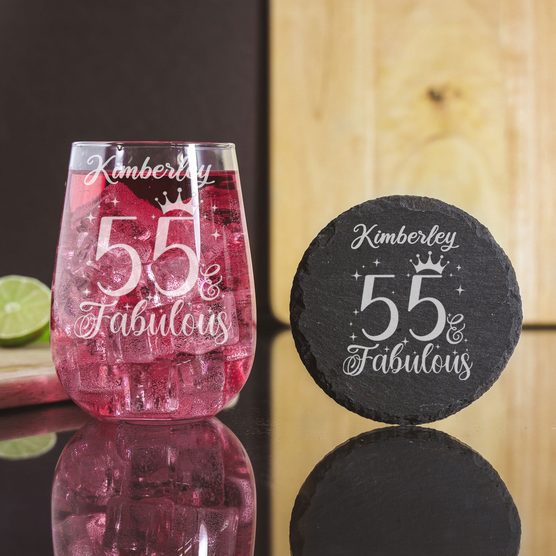 55 & Fabulous Engraved Stemless Gin Glass and/or Coaster Set  - Always Looking Good -   
