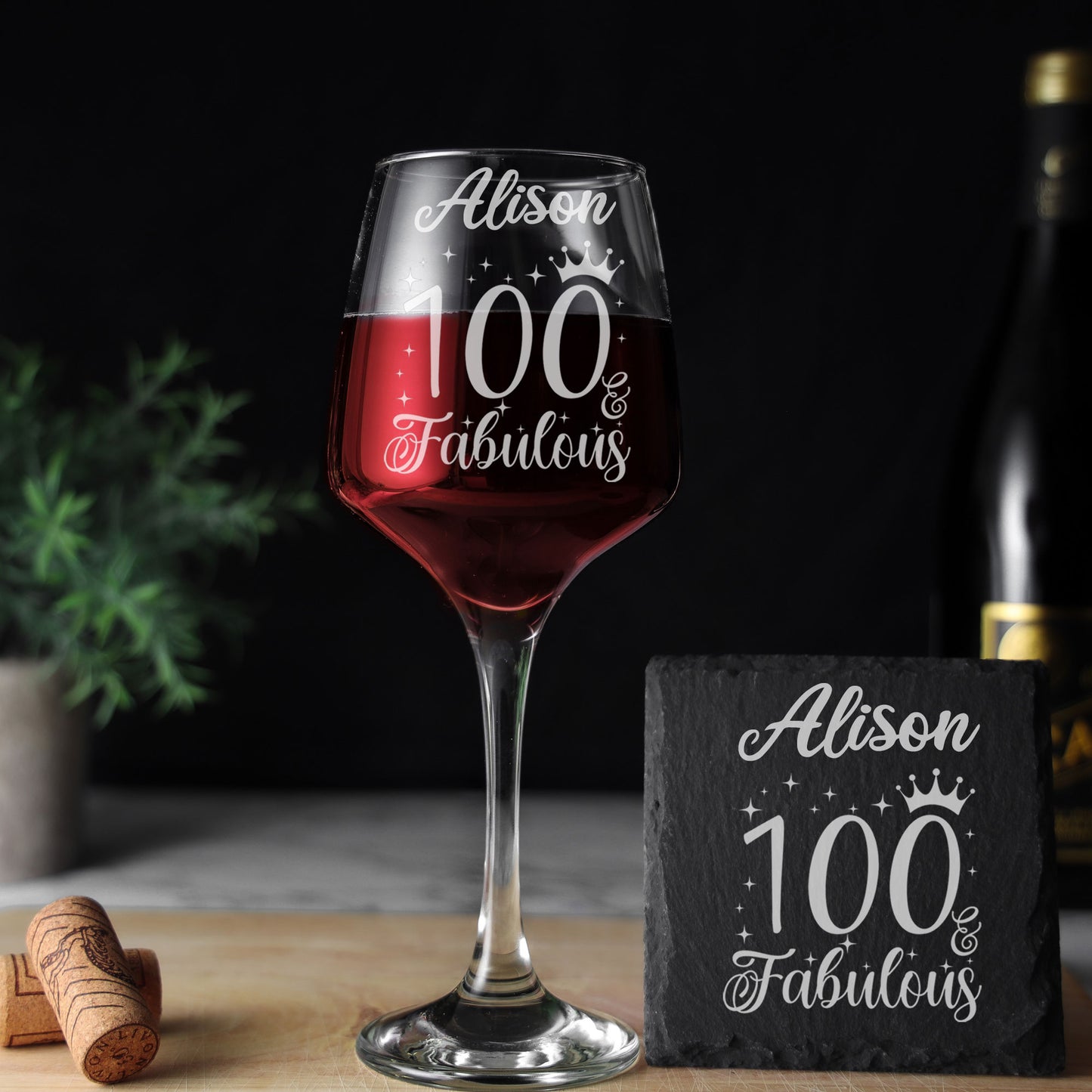 100 & Fabulous 100th Birthday Gift Engraved Wine Glass and/or Coaster Set  - Always Looking Good - Glass & Square Coaster  