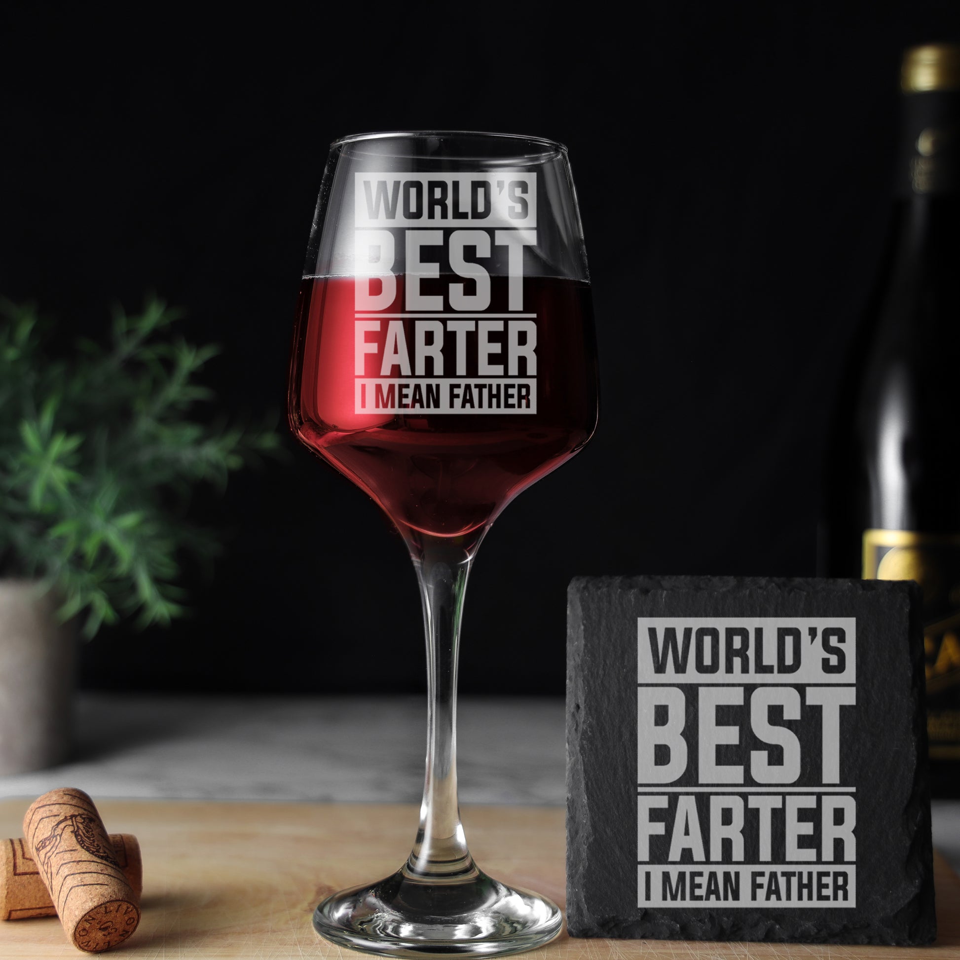 "Worlds Best Farter I Mean Father" Novelty Engraved Wine Glass and/or Coaster Set  - Always Looking Good - Glass & Square Coaster Square Design 