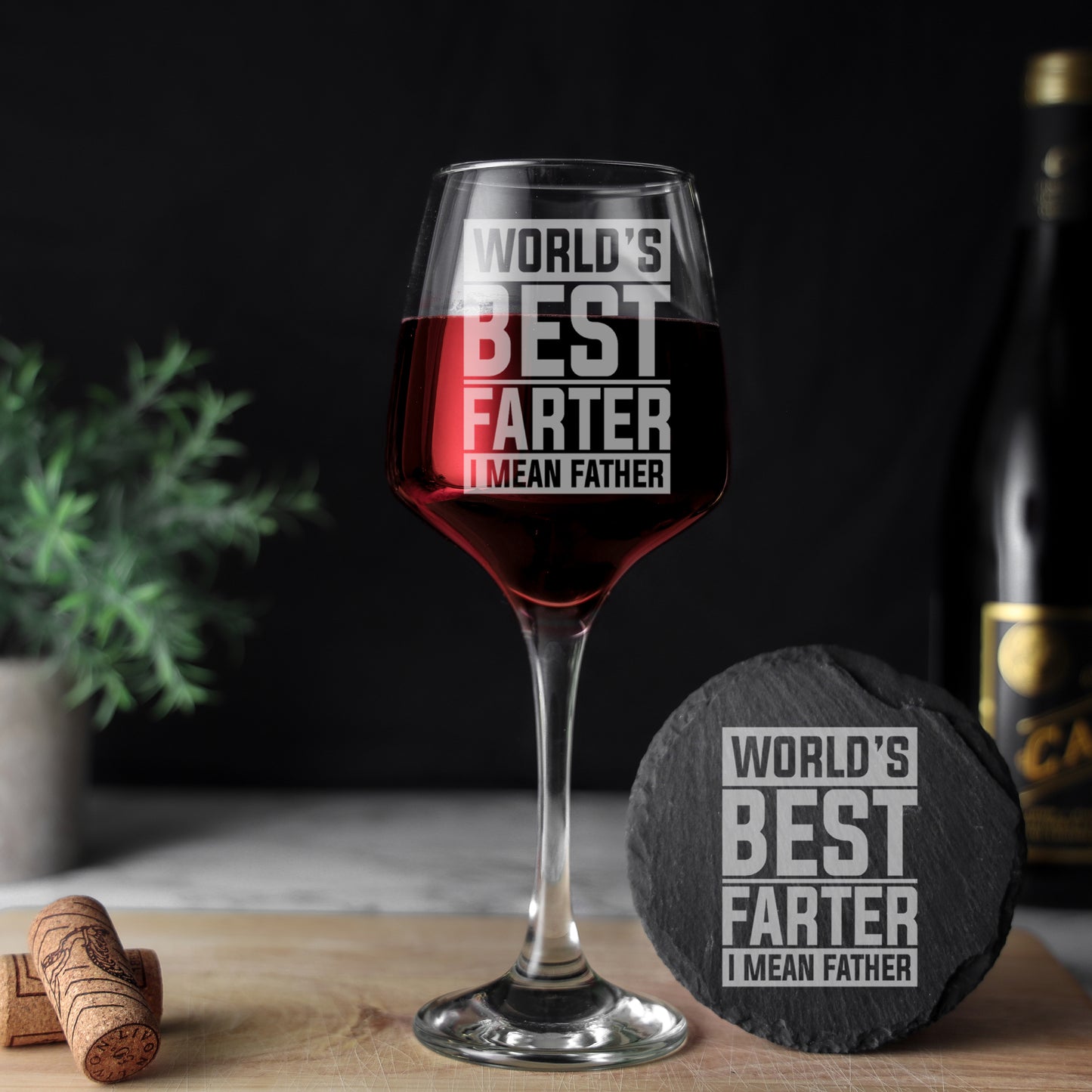 "Worlds Best Farter I Mean Father" Novelty Engraved Wine Glass and/or Coaster Set  - Always Looking Good - Glass & Round Coaster Square Design 
