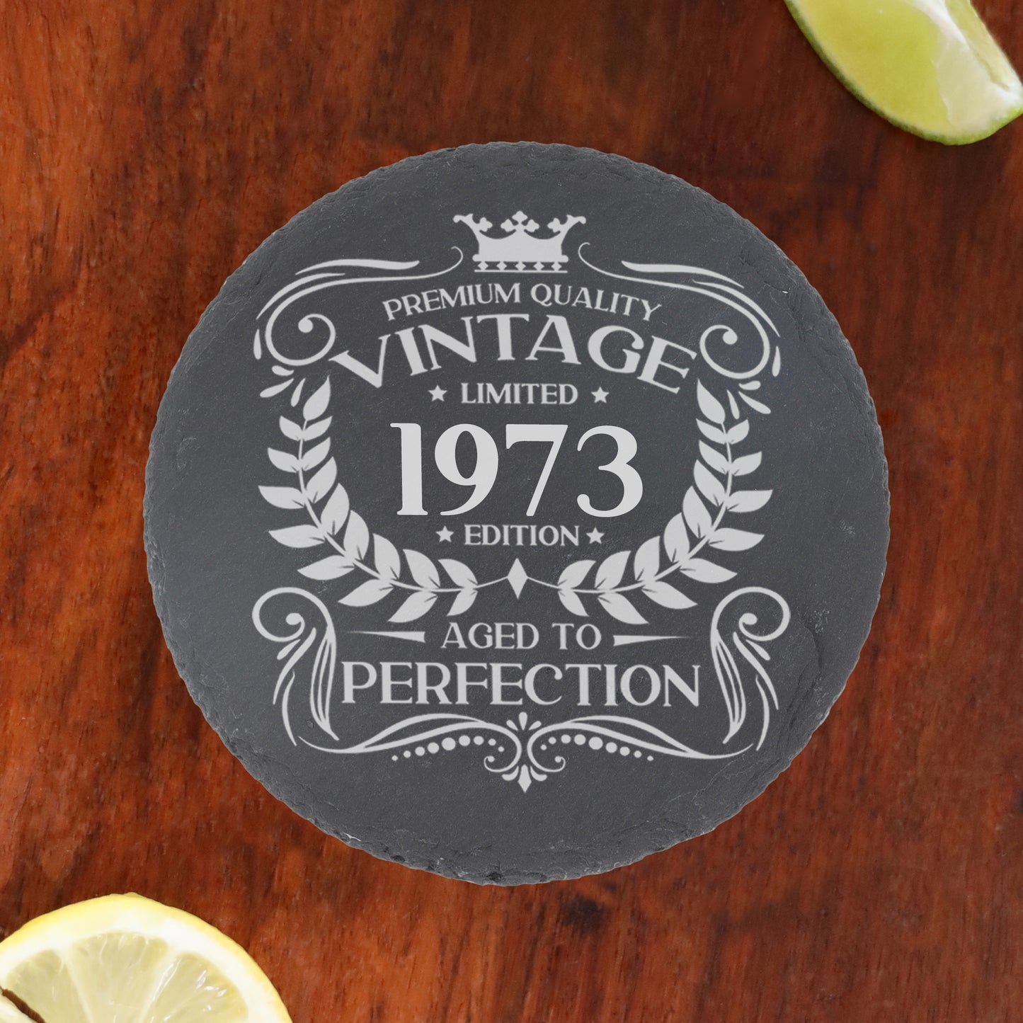 Vintage 1973 50th Birthday Engraved Whiskey Glass Gift  - Always Looking Good - Round Coaster Only  