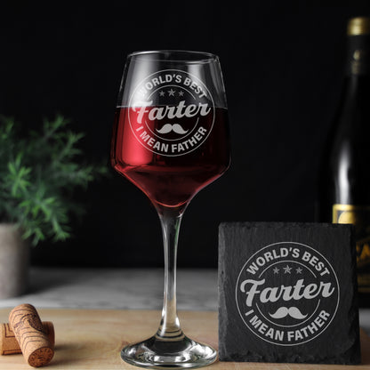 "Worlds Best Farter I Mean Father" Novelty Engraved Wine Glass and/or Coaster Set  - Always Looking Good - Glass & Square Coaster Circle Design 