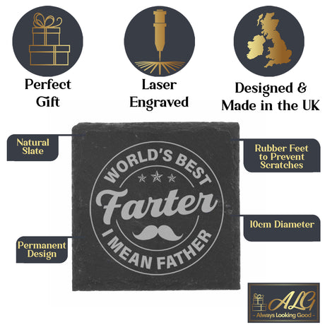 "Worlds Best Farter I Mean Father" Novelty Engraved Wine Glass and/or Coaster Set  - Always Looking Good -   