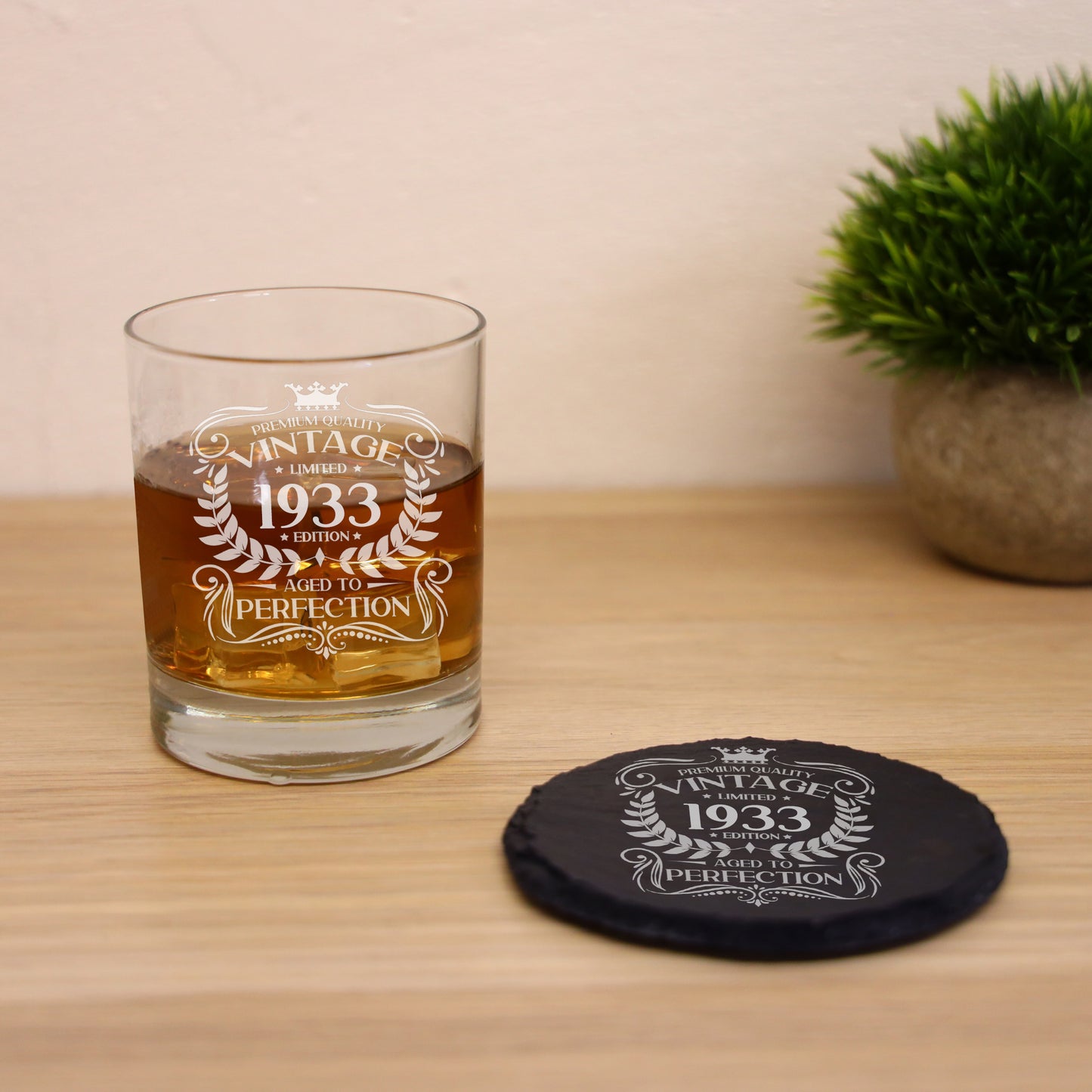 Vintage 1933 90th Birthday Engraved Whiskey Glass Gift  - Always Looking Good - Glass & Round Coaster  