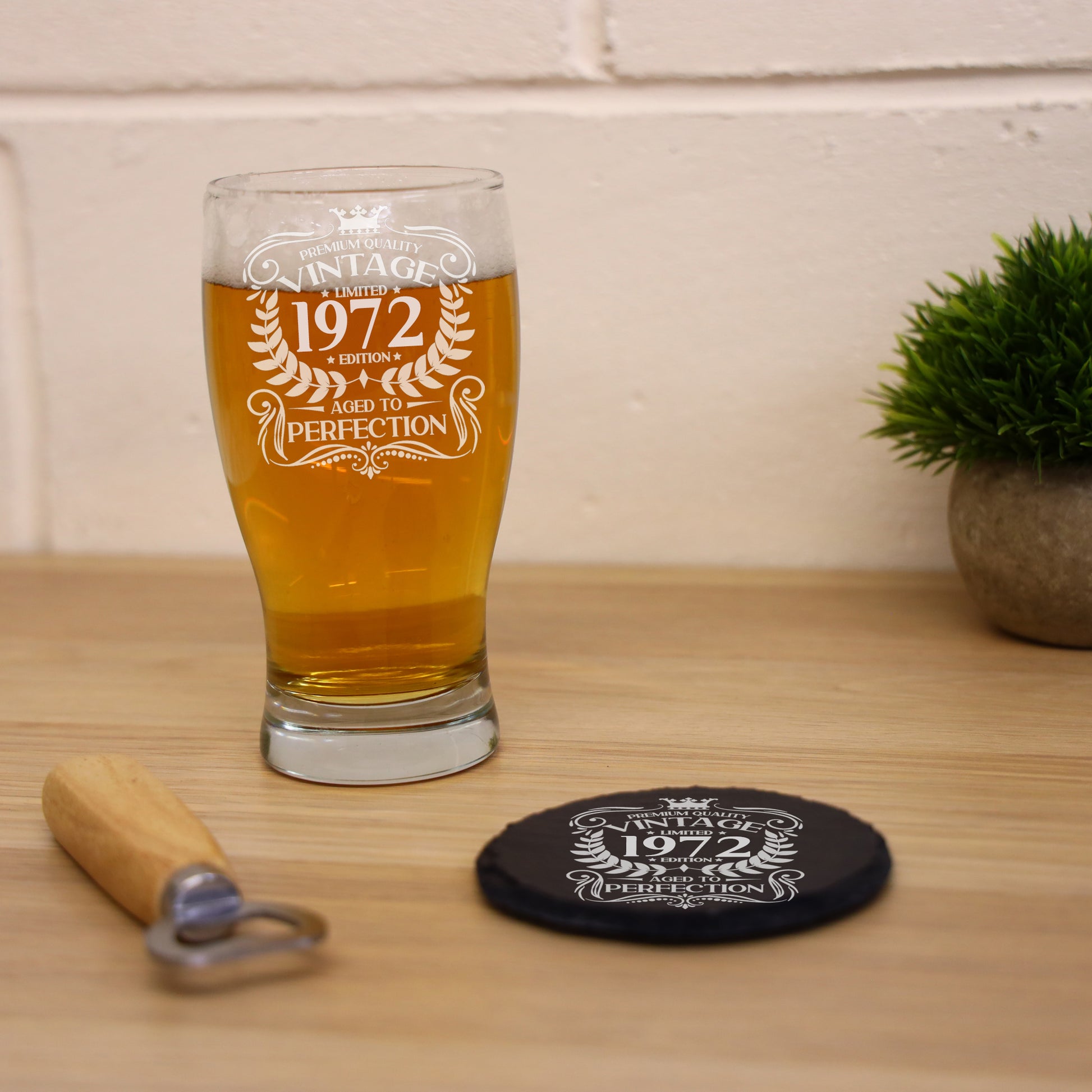 Vintage Any Year All Ages Engraved Birthday Beer Pint Glass and/or Coaster Set  - Always Looking Good - Glass & Round Coaster  
