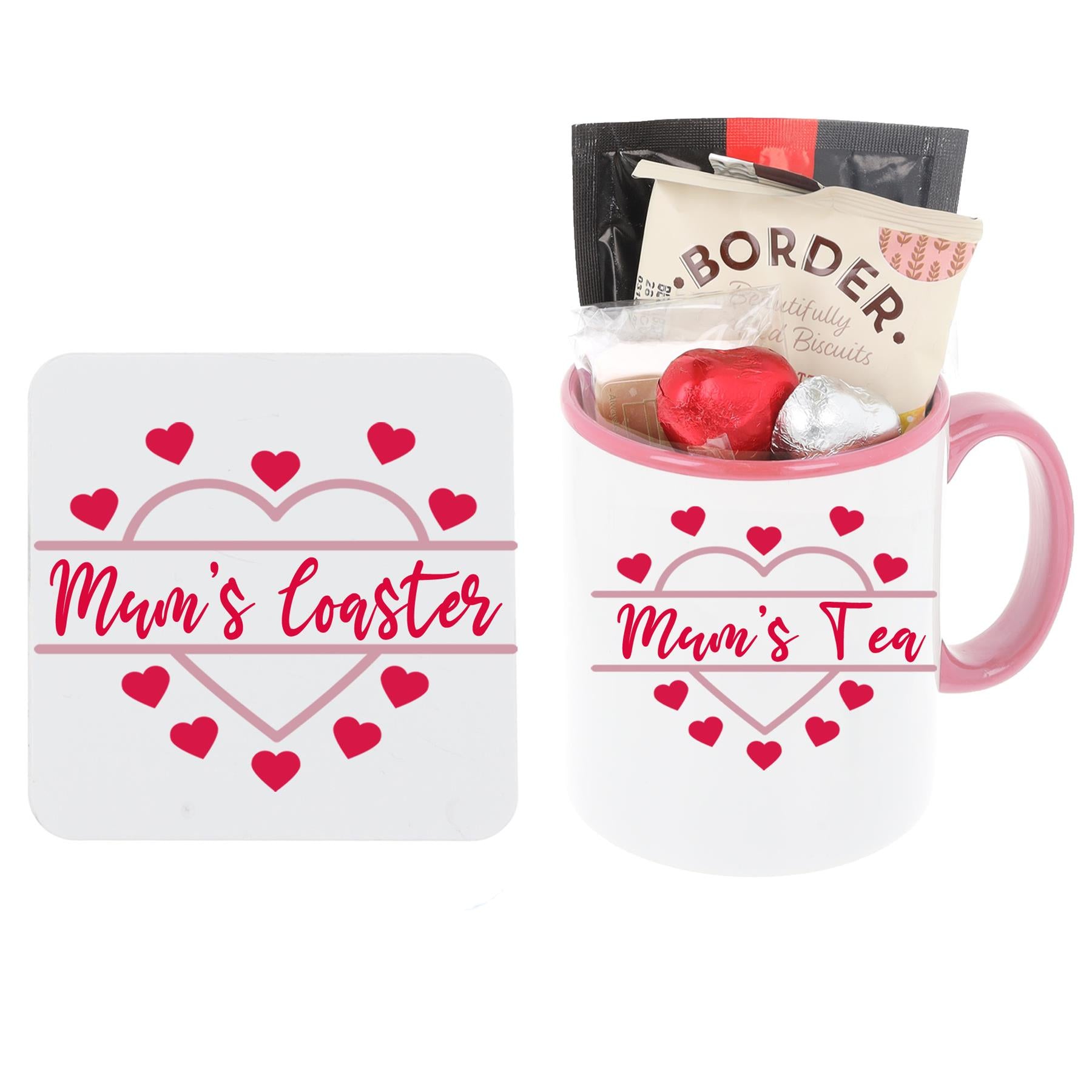 Personalised Pink Heart Design Mug and Coaster with Treats  - Always Looking Good -   