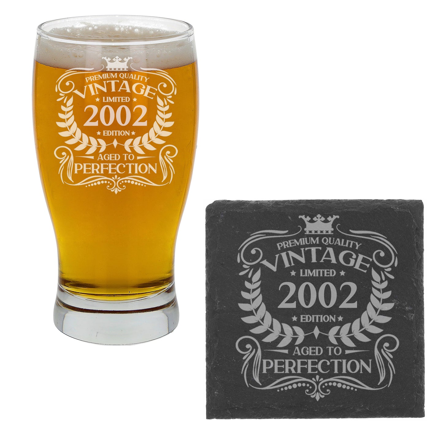 Vintage 2002 21st Birthday Engraved Beer Pint Glass Gift  - Always Looking Good - Glass & Square Coaster  