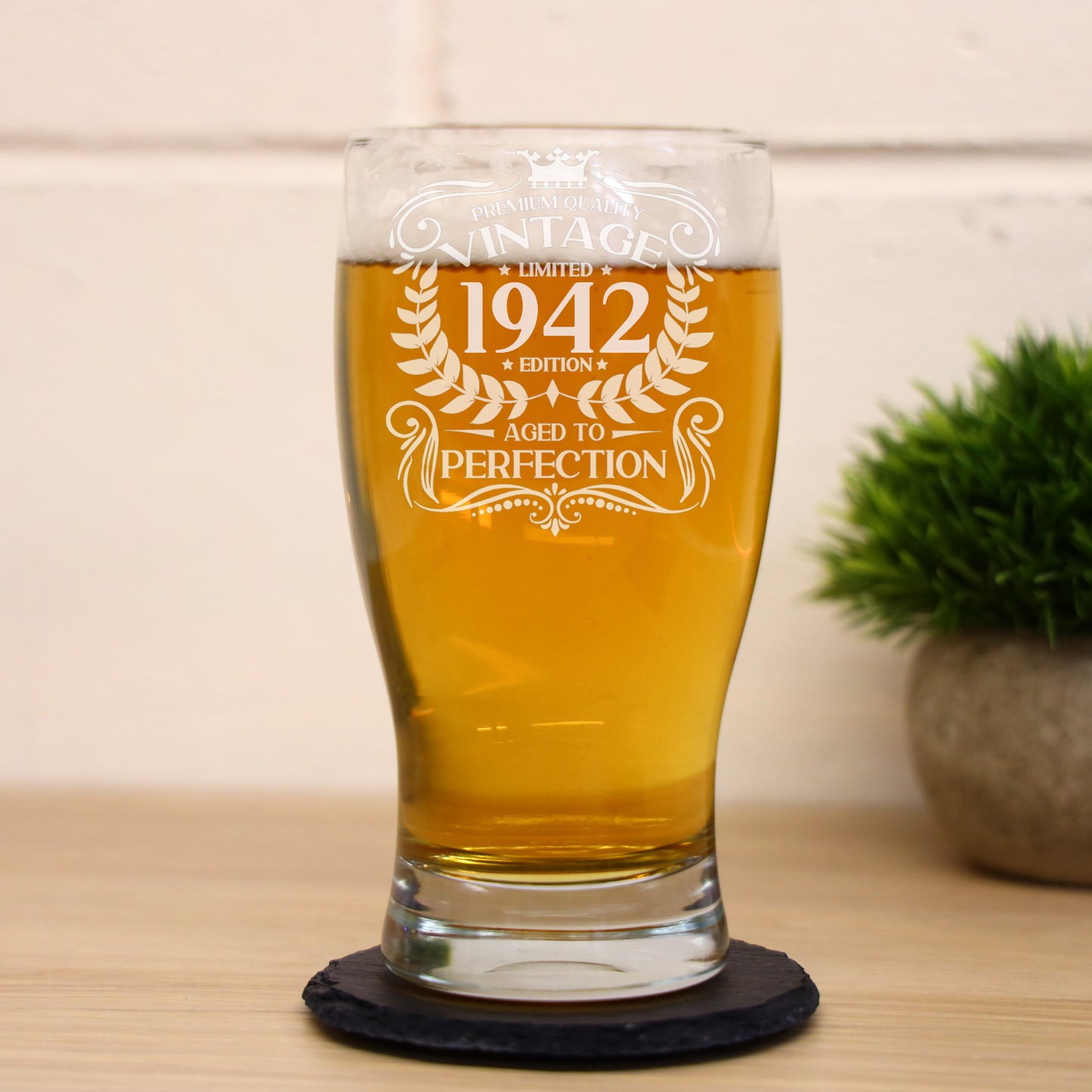 Vintage Any Year All Ages Engraved Birthday Beer Pint Glass and/or Coaster Set  - Always Looking Good -   