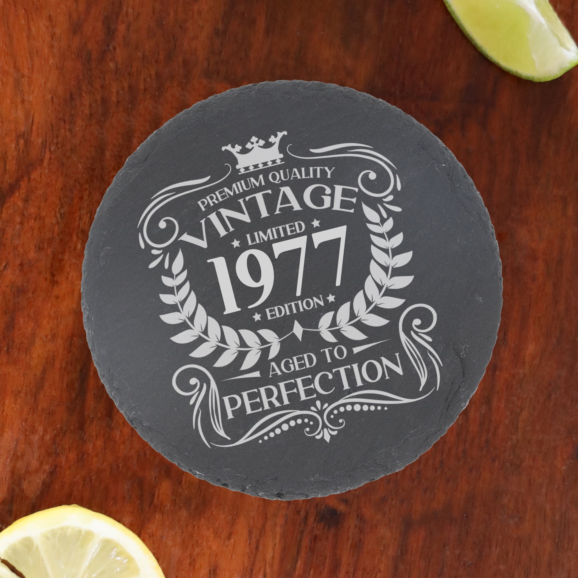 Vintage Any Year Birthday All Ages Engraved Wine Glass and/or Coaster Set  - Always Looking Good - Round Coaster Only  
