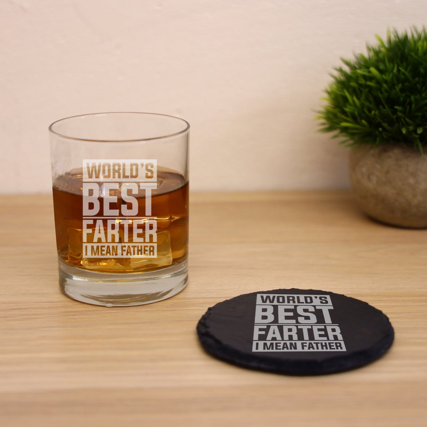"Worlds Best Farter I Mean Father" Novelty Engraved Whisky Glass and/or Coaster Set  - Always Looking Good - Glass & Round Coaster  