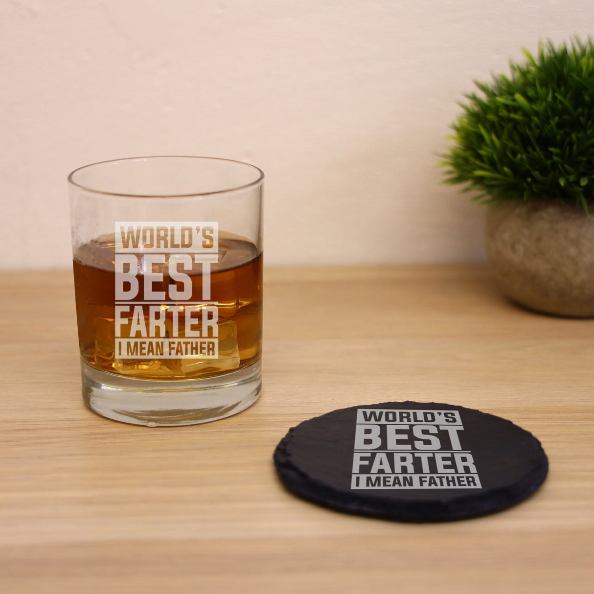 "Worlds Best Farter I Mean Father" Father’s Day Whisky Glass and/or Coaster Set  - Always Looking Good -   - Glass & Round Coaster  