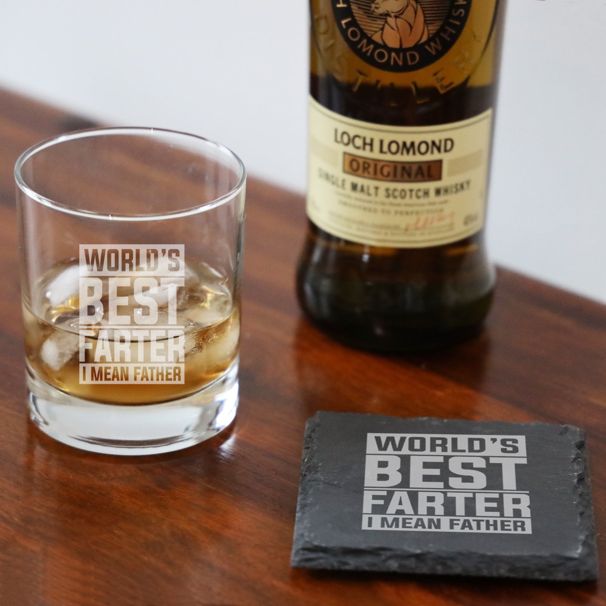"Worlds Best Farter I Mean Father" Novelty Engraved Whisky Glass and/or Coaster Set  - Always Looking Good - Glass & Square Coaster  
