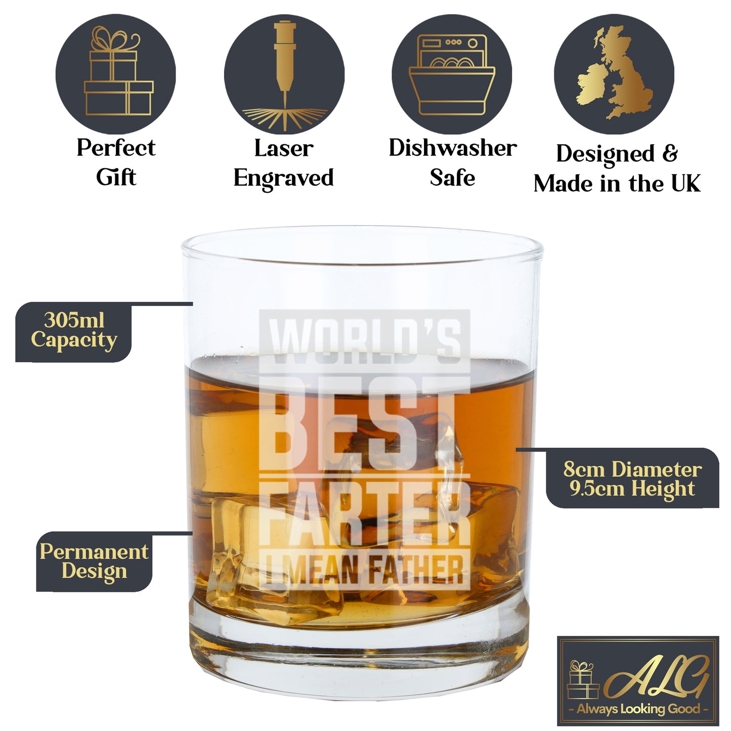 "Worlds Best Farter I Mean Father" Novelty Engraved Whisky Glass and/or Coaster Set  - Always Looking Good -   