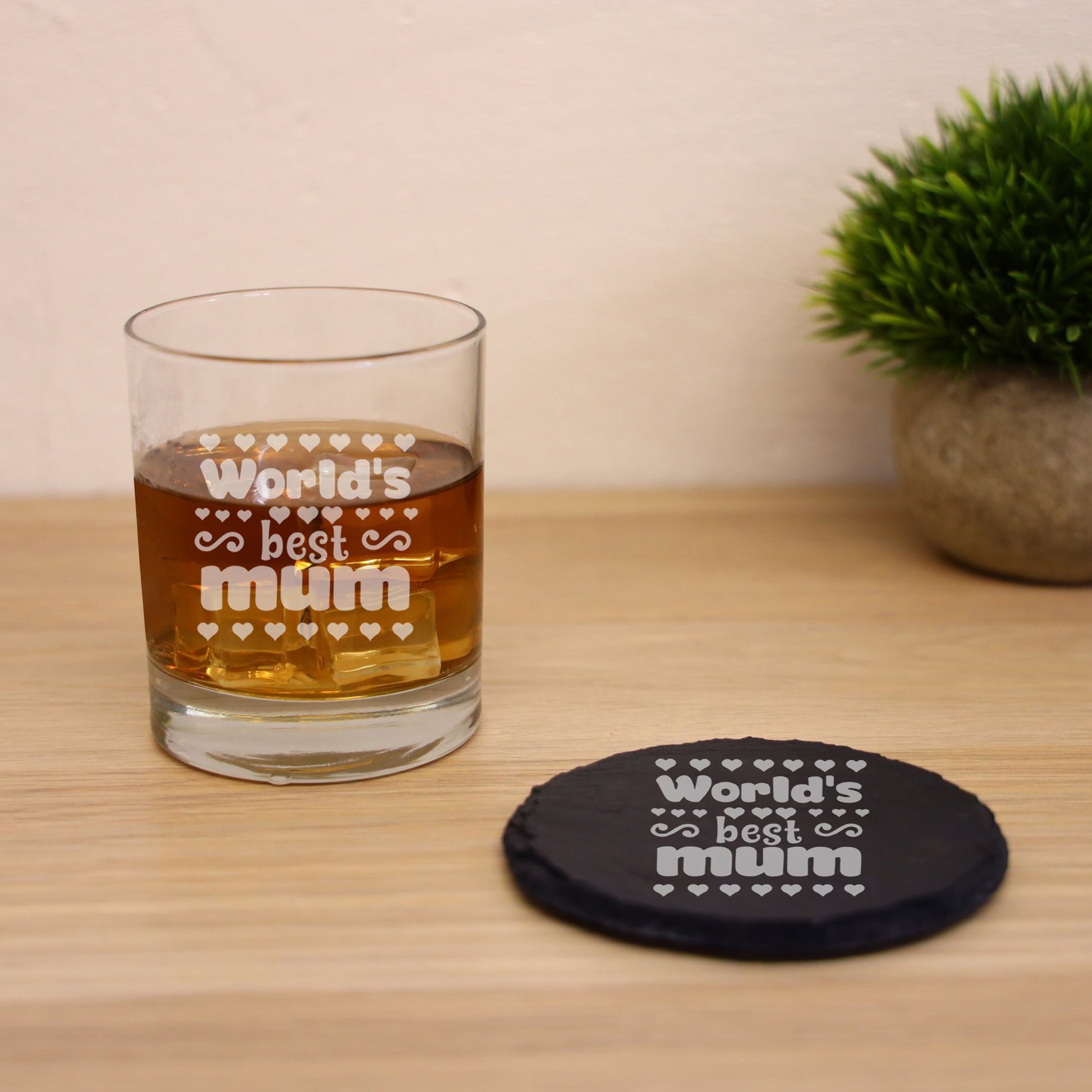 Worlds Best Mum Engraved Whisky Glass and/or Coaster  - Always Looking Good - Glass & Round Coaster  