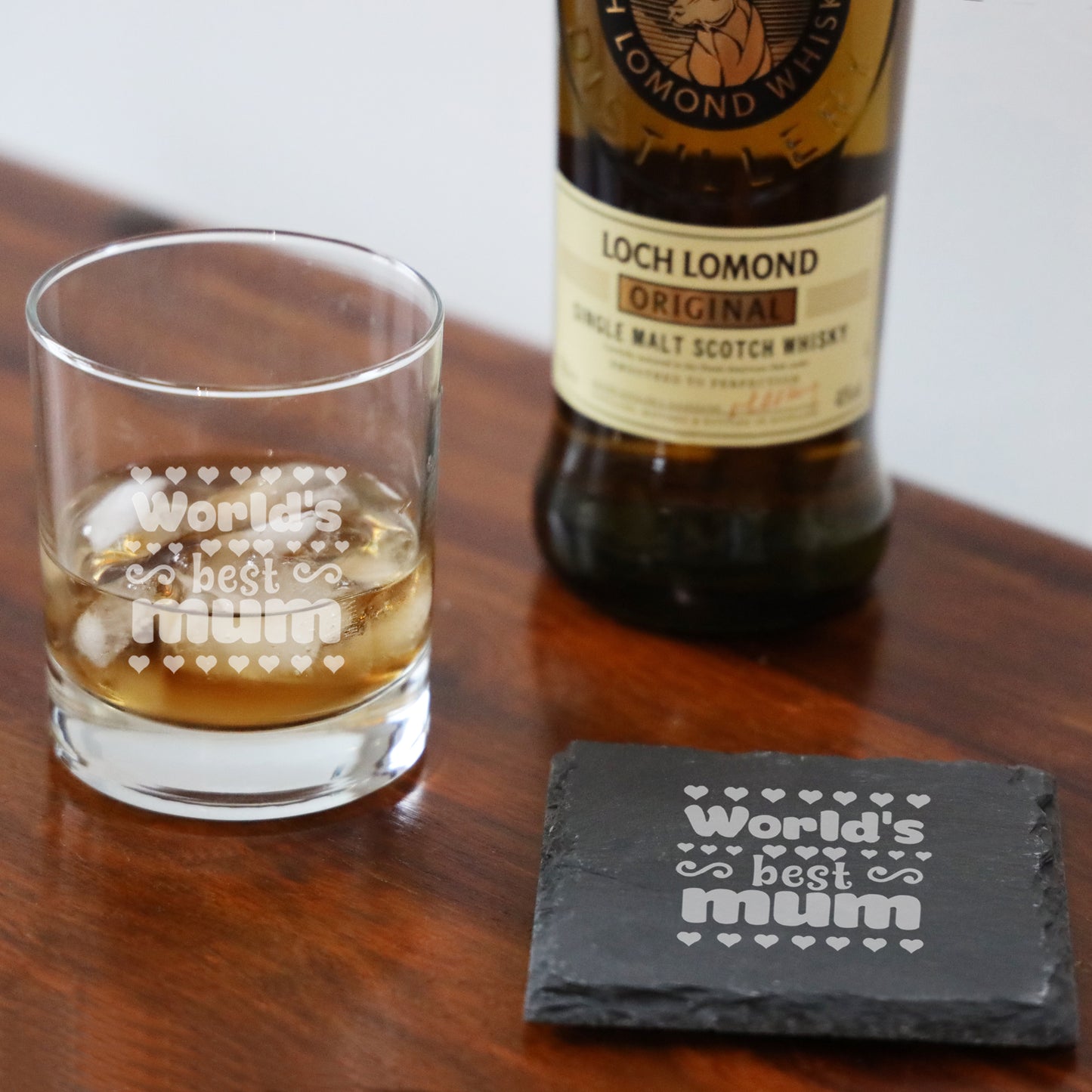 Worlds Best Mum Engraved Whisky Glass and/or Coaster  - Always Looking Good - Glass & Square Coaster  