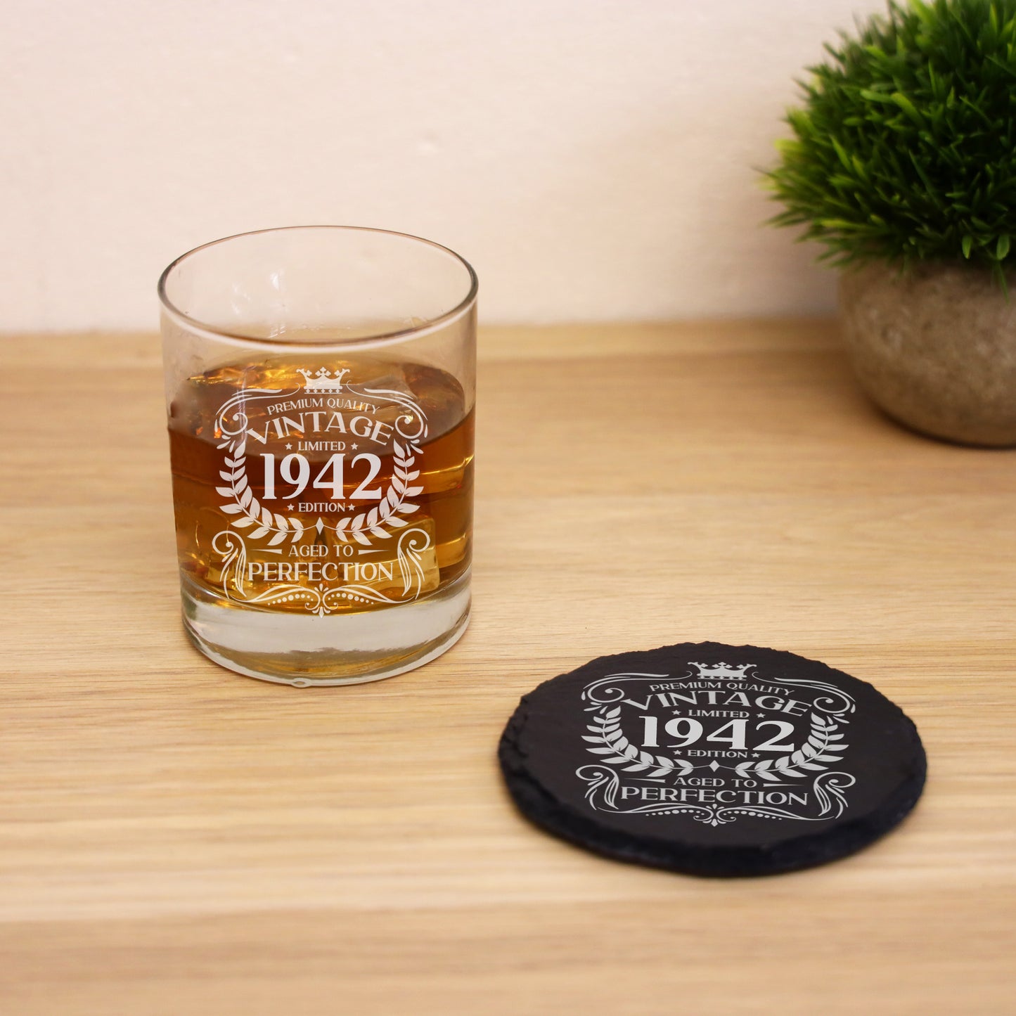 Vintage Any Year All Ages Engraved Birthday Whisky Glass and/or Coaster Set  - Always Looking Good -   