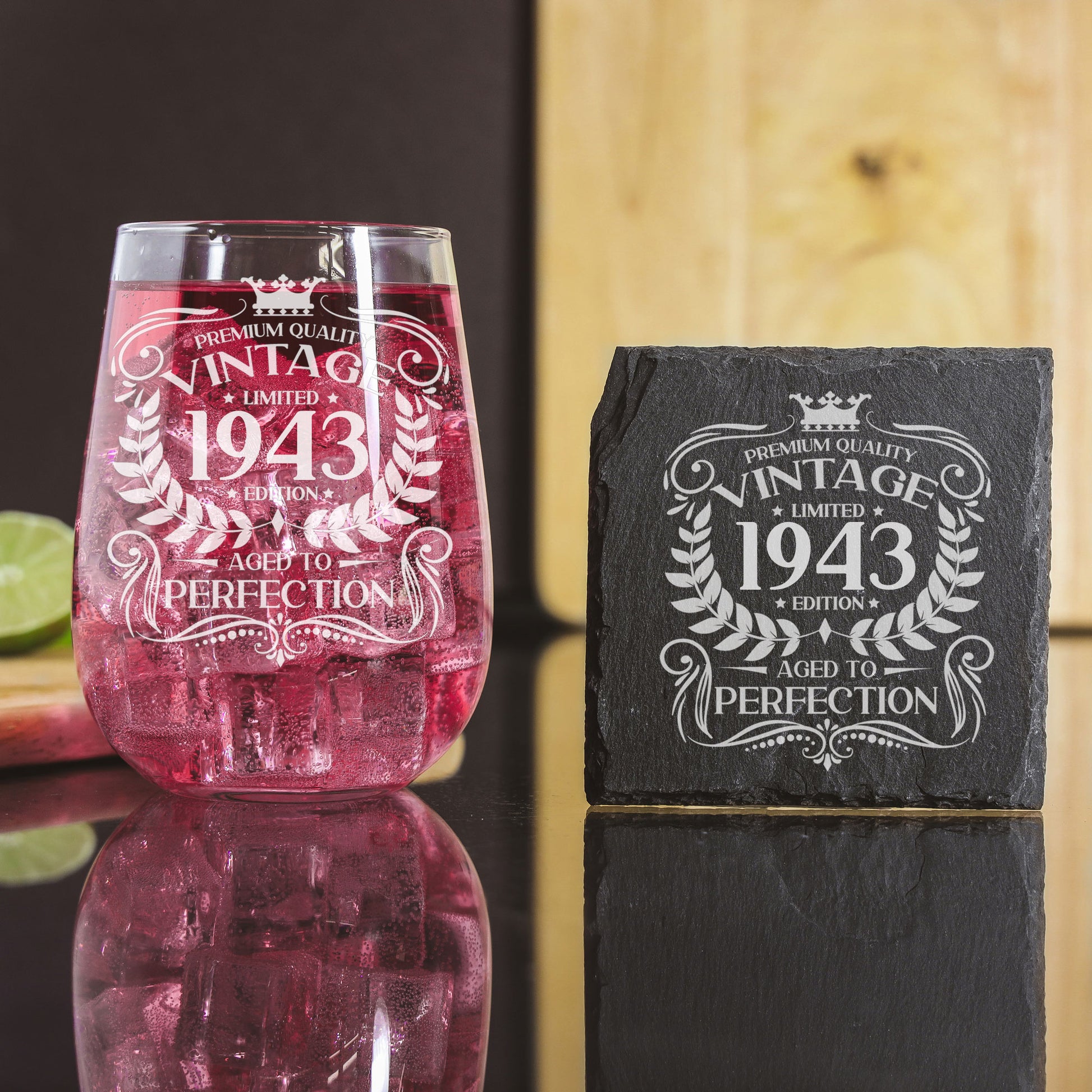Vintage 1943 80th Birthday Engraved Stemless Gin Glass Gift  - Always Looking Good - Glass & Square Coaster  