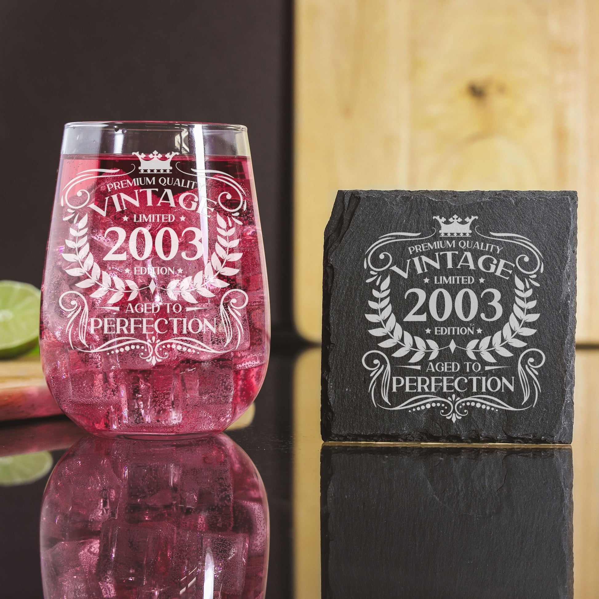 Vintage 2003 20th Birthday Engraved Stemless Gin Glass Gift  - Always Looking Good - Glass & Square Coaster  