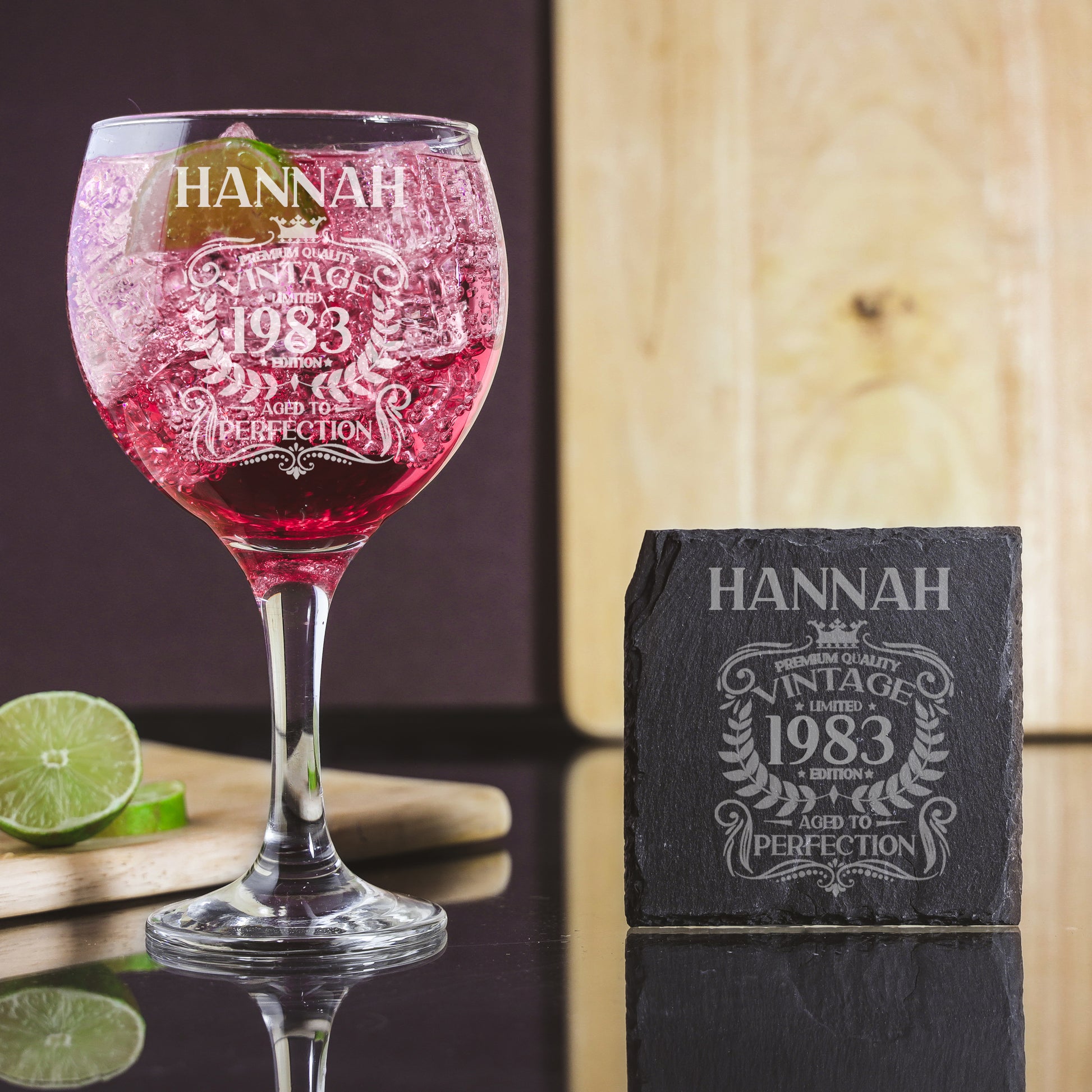 Personalised Engraved Vintage Birthday Design Glass and/or Coaster Gift  - Always Looking Good - Balloon Gin Glass Glass & Square Coaster 