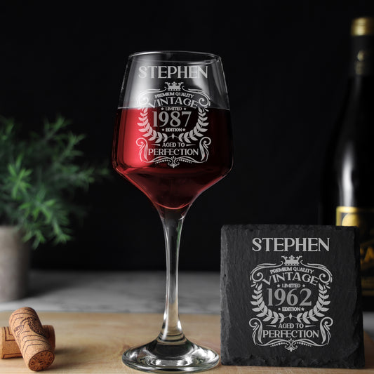 Personalised Engraved Vintage Birthday Design Glass and/or Coaster Gift  - Always Looking Good - Wine Glass Glass & Square Coaster 