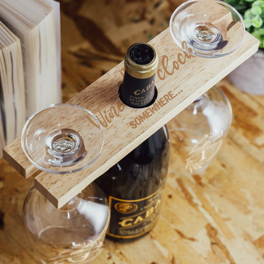 Engraved Personalised "Wine O'Clock" Wooden 2 or 4 Wine Glass Butler Caddy  - Always Looking Good -   