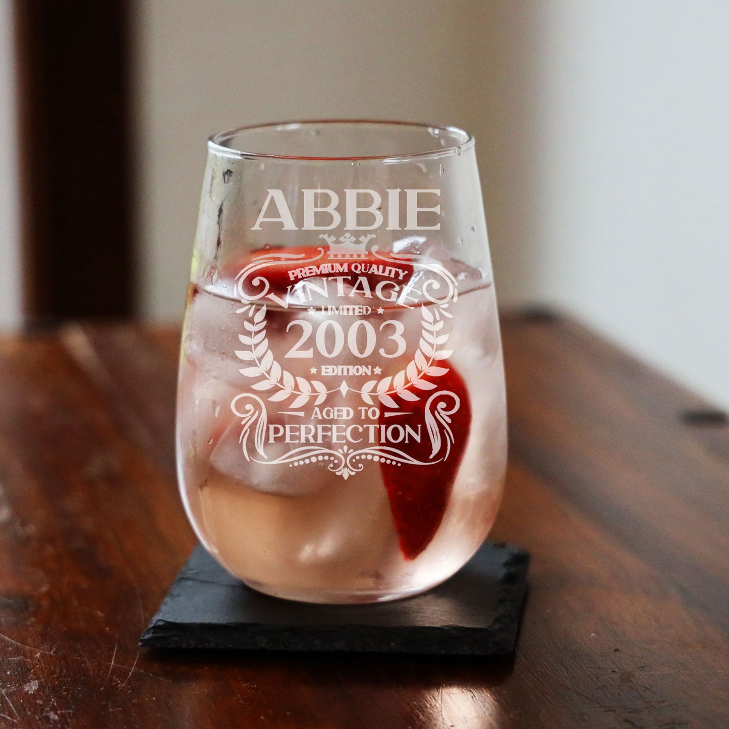 Vintage 2003 20th Birthday Engraved Stemless Gin Glass Gift  - Always Looking Good -   