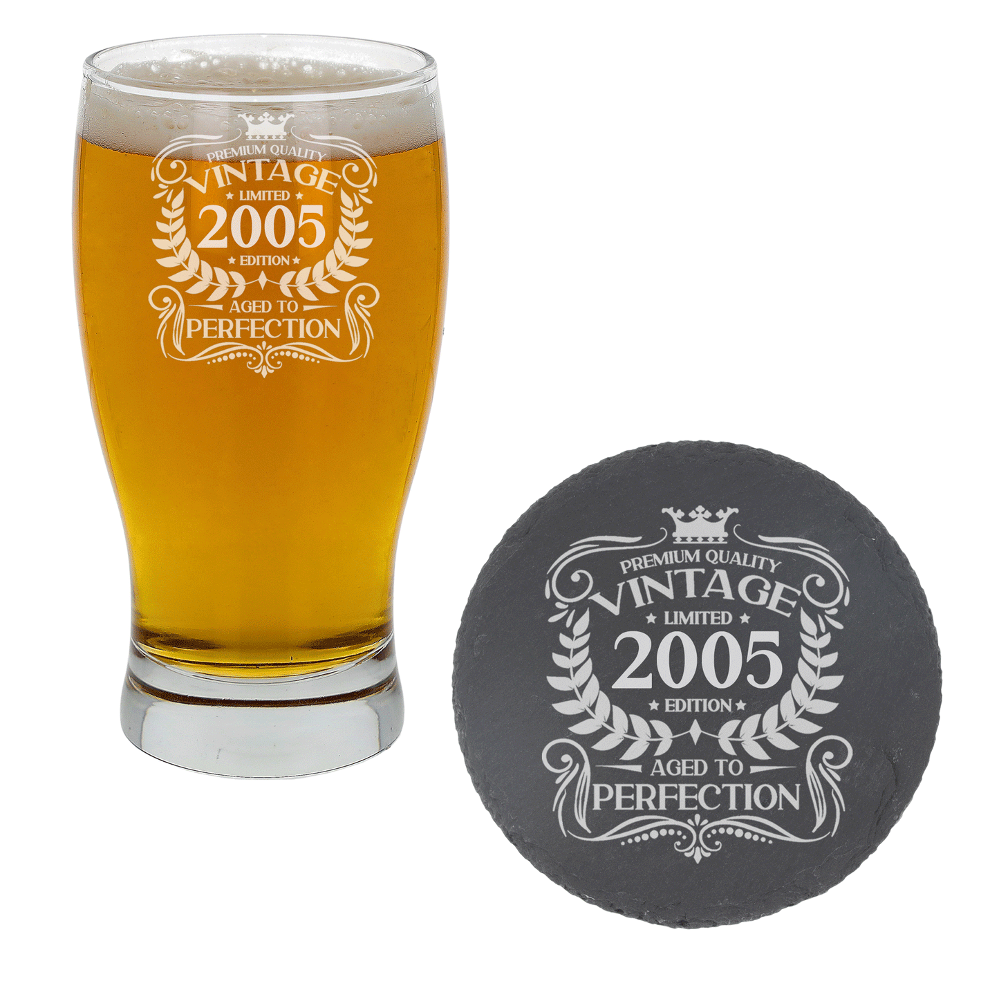Vintage 2005 18th Birthday Engraved Beer Pint Glass Gift  - Always Looking Good - Glass & Round Coaster  