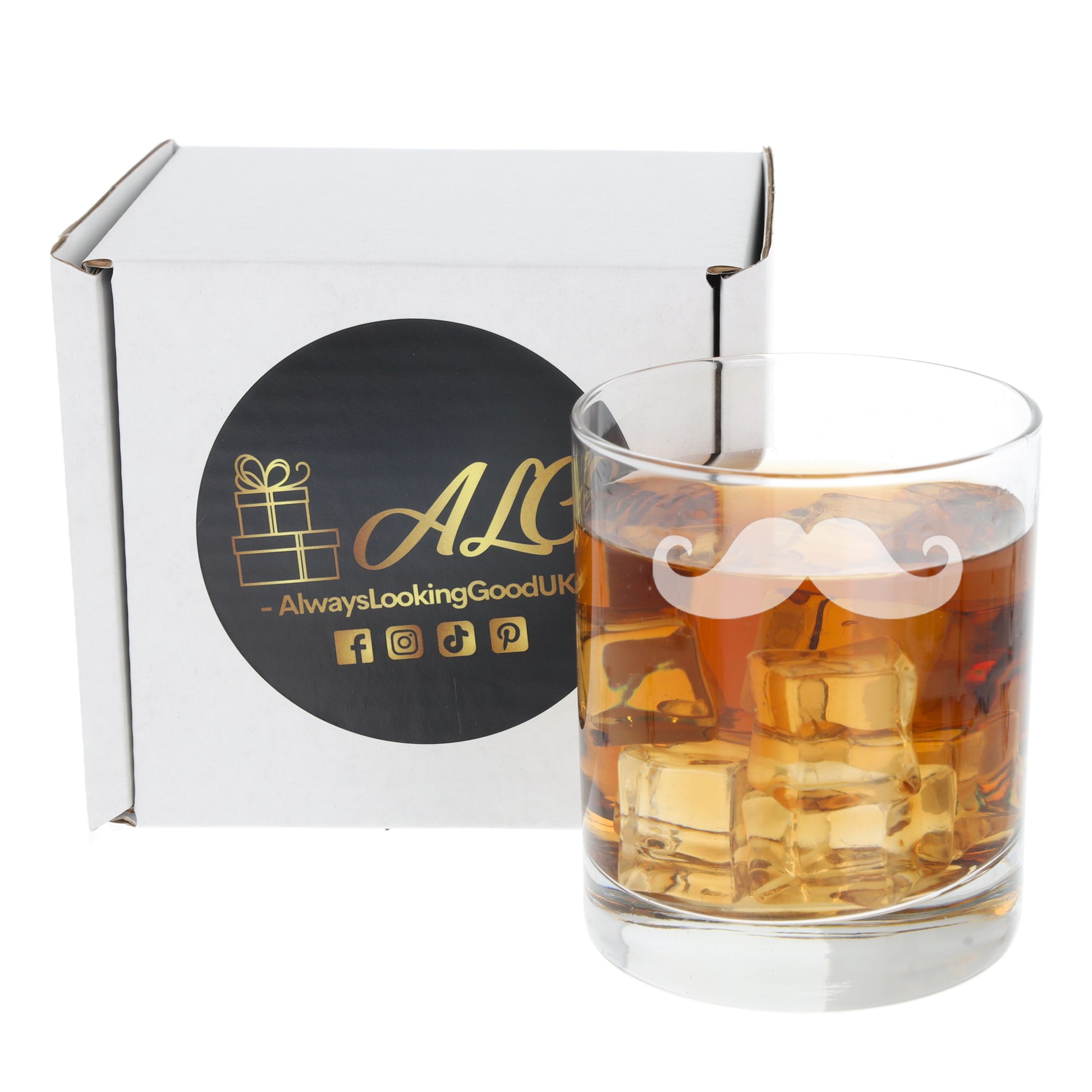 Engraved Funny Gift for Men Moustache Whisky Glass and/or Coaster Set  - Always Looking Good - Glass Only  