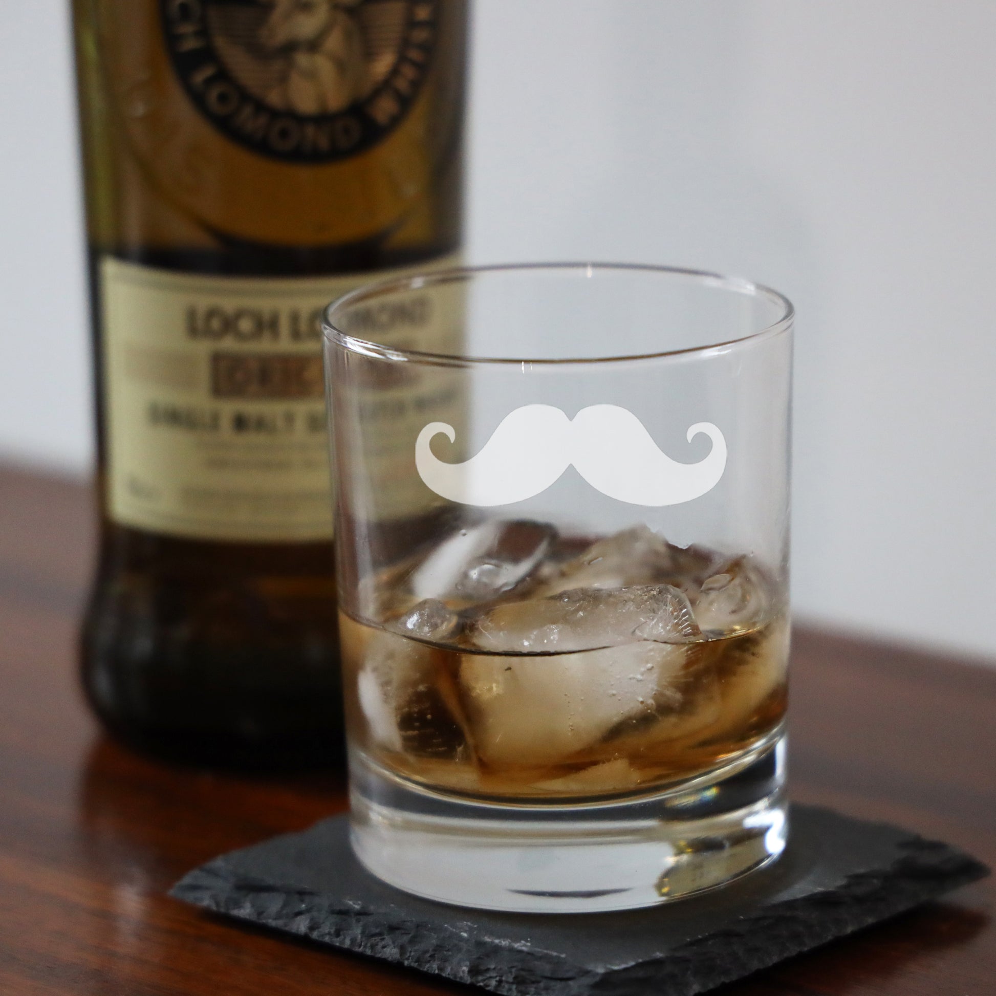 Engraved Funny Gift for Men Moustache Whisky Glass and/or Coaster Set  - Always Looking Good -   