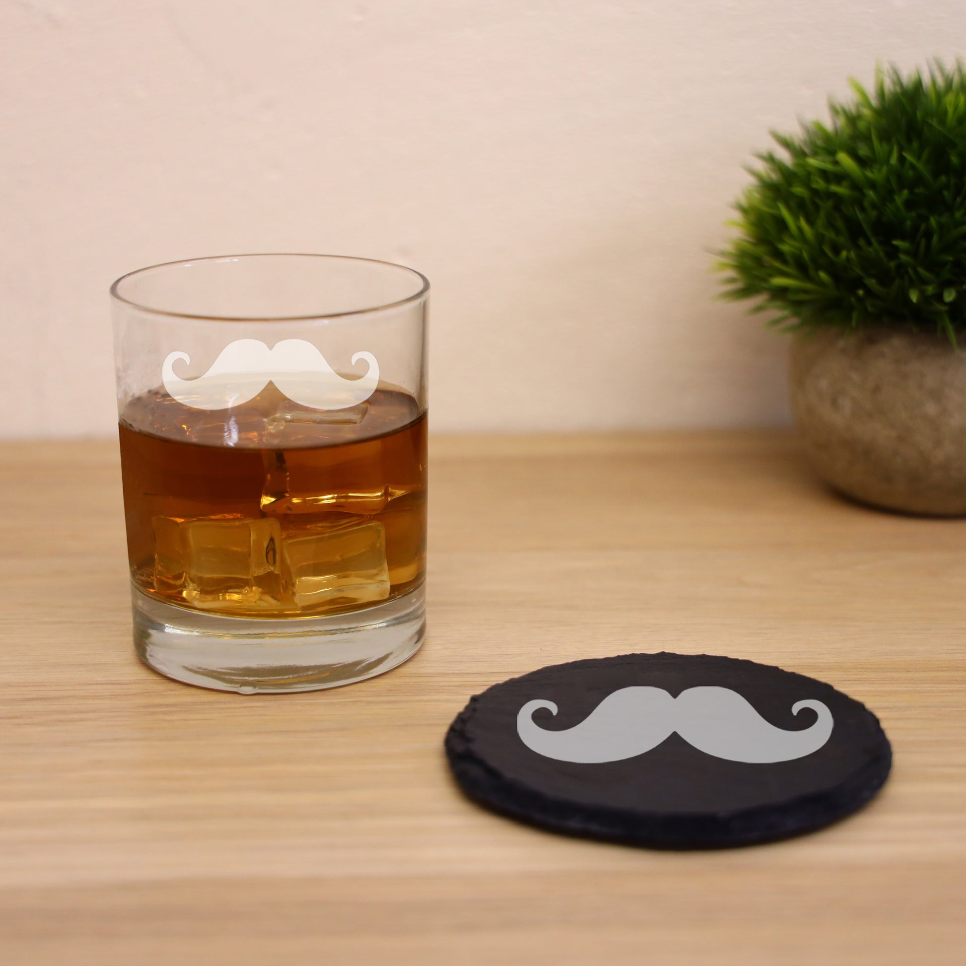 Engraved Funny Gift for Men Moustache Whisky Glass and/or Coaster Set  - Always Looking Good - Glass & Round Coaster  