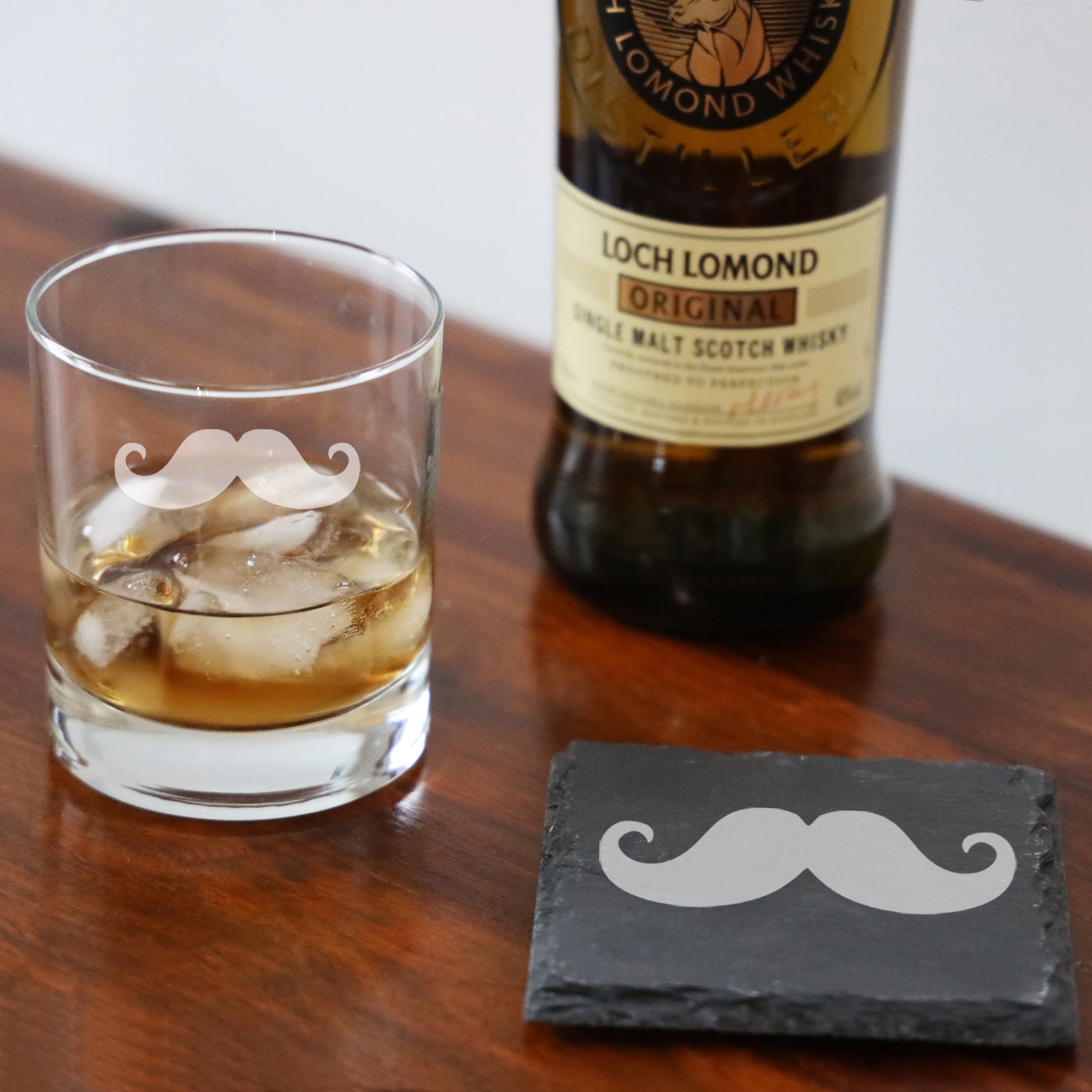 Engraved Funny Gift for Men Moustache Whisky Glass and/or Coaster Set  - Always Looking Good - Glass & Square Coaster  