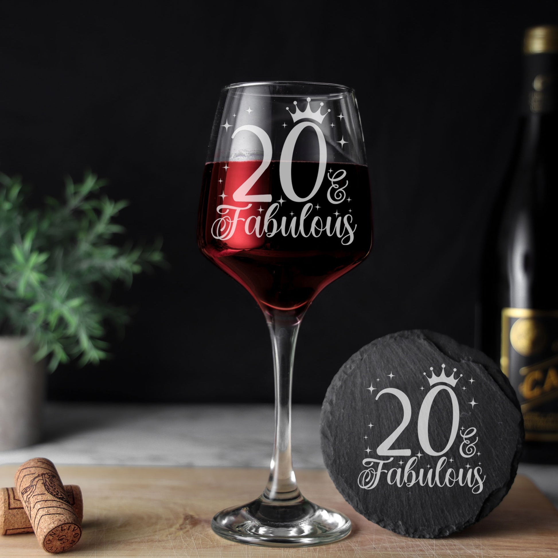 20 & Fabulous 20th Birthday Gift Engraved Wine Glass and/or Coaster Set  - Always Looking Good - Glass & Round Coaster  