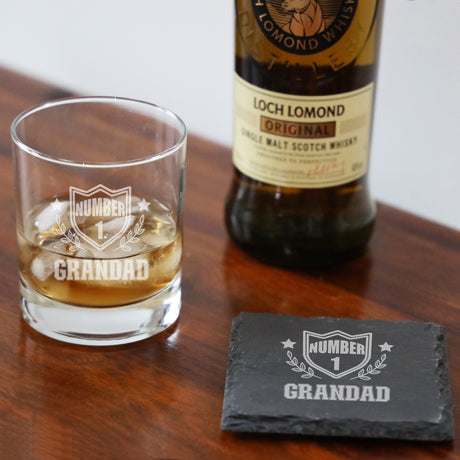 Engraved "Number 1 Grandad" Whisky Glass and/or Coaster Set  - Always Looking Good - Glass & Square Coaster  
