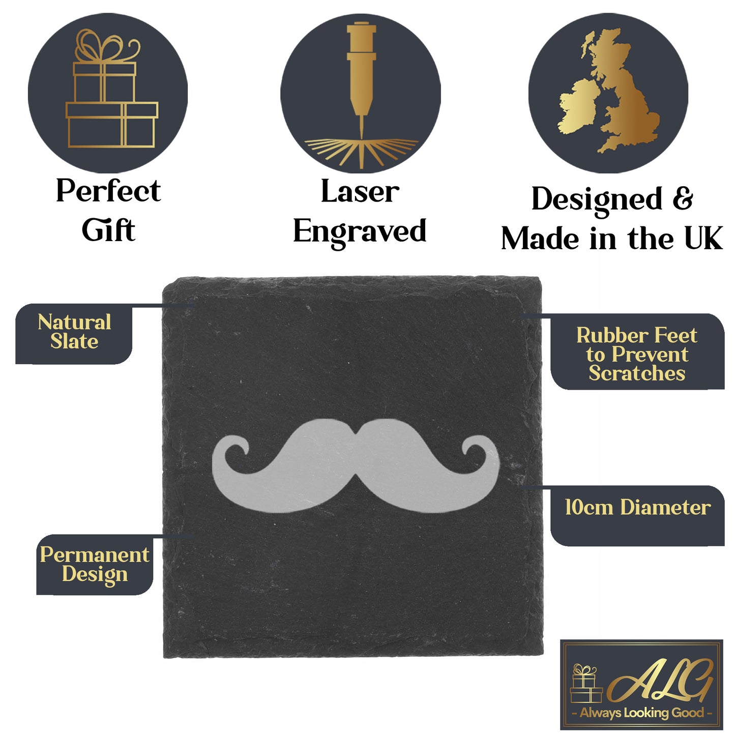 Engraved Funny Gift for Men Moustache Whisky Glass and/or Coaster Set  - Always Looking Good -   