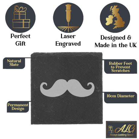 Funny Gift for Men Moustache Engraved Whisky Glass and/or Coaster Set  - Always Looking Good -   