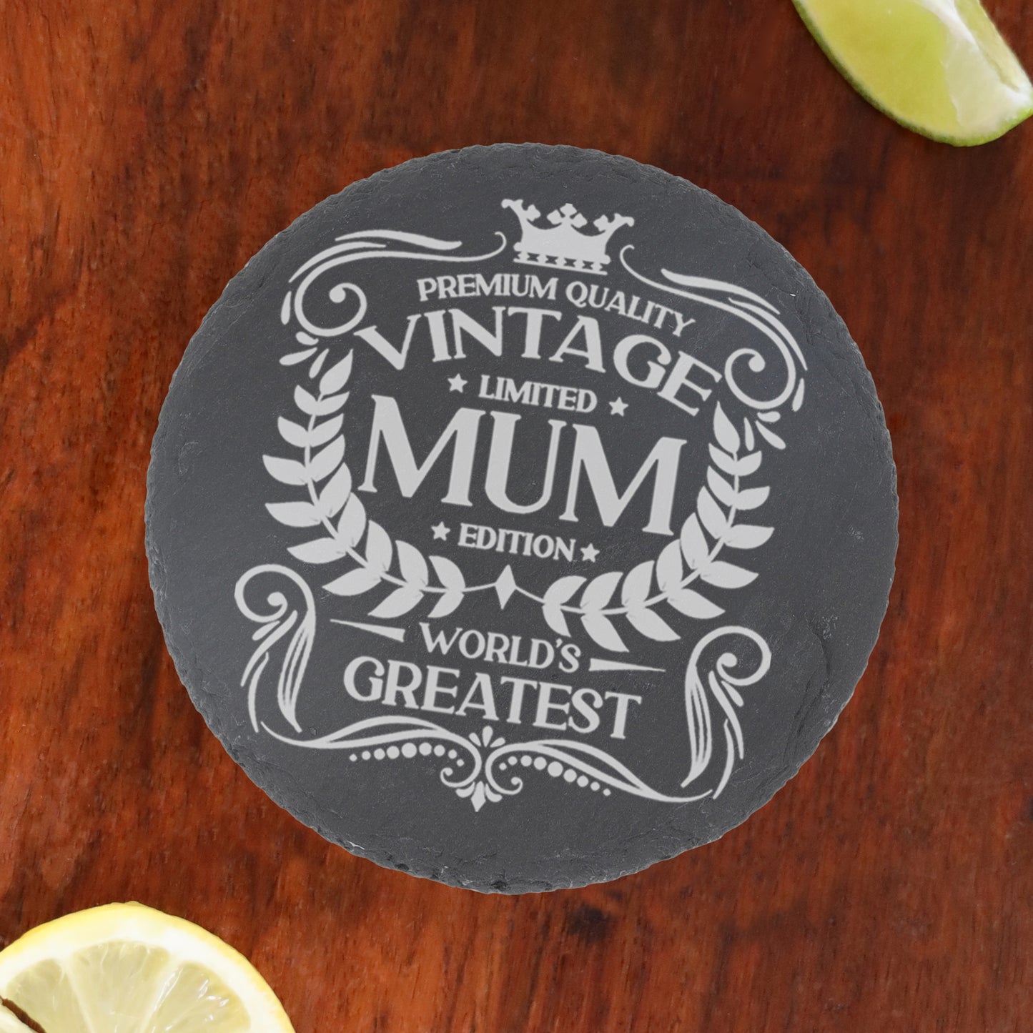 Vintage World's Greatest Mum Engraved Wine Glass Gift  - Always Looking Good - Round Coaster Only  