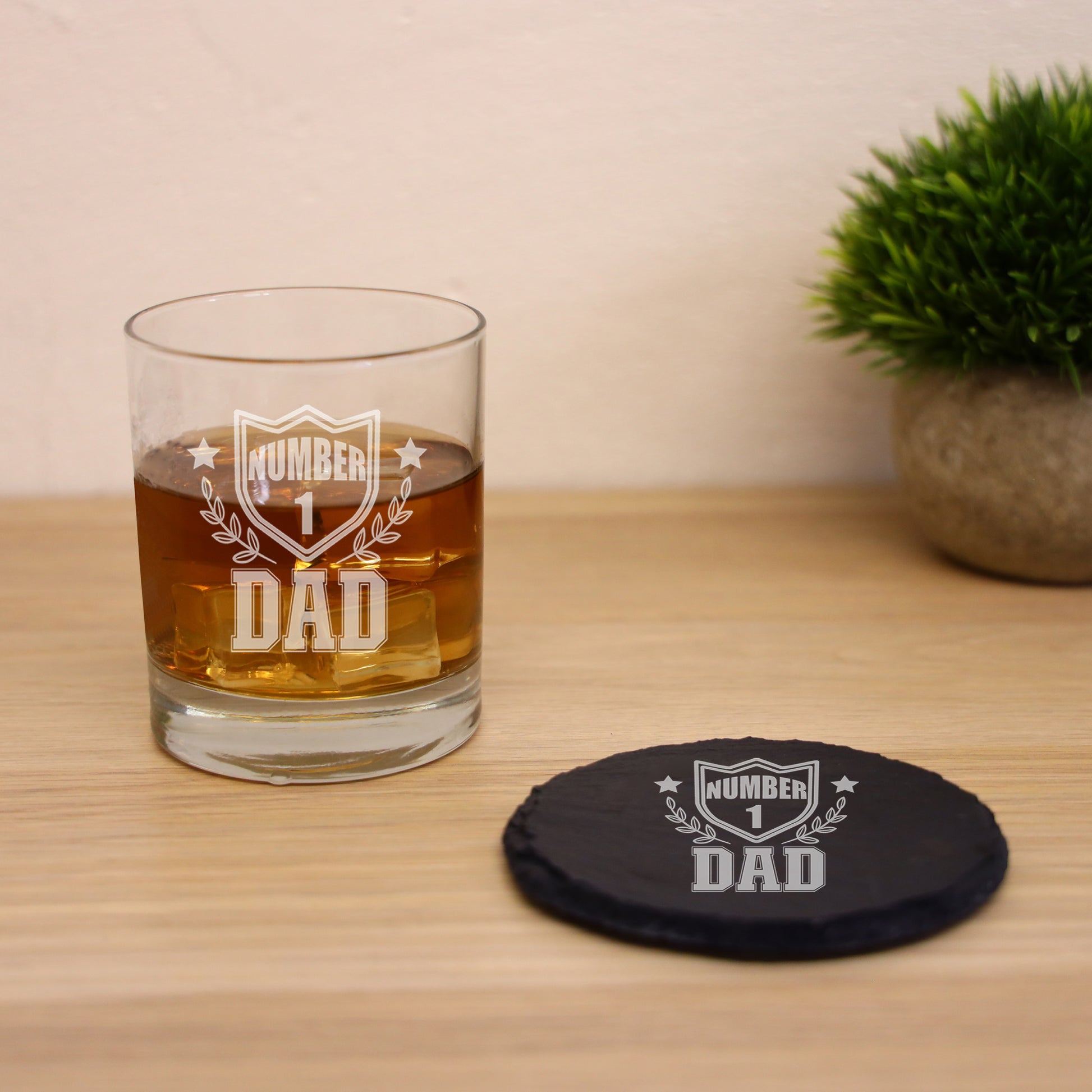 Engraved "Number 1 Dad" Whisky Glass and/or Coaster Set  - Always Looking Good -   