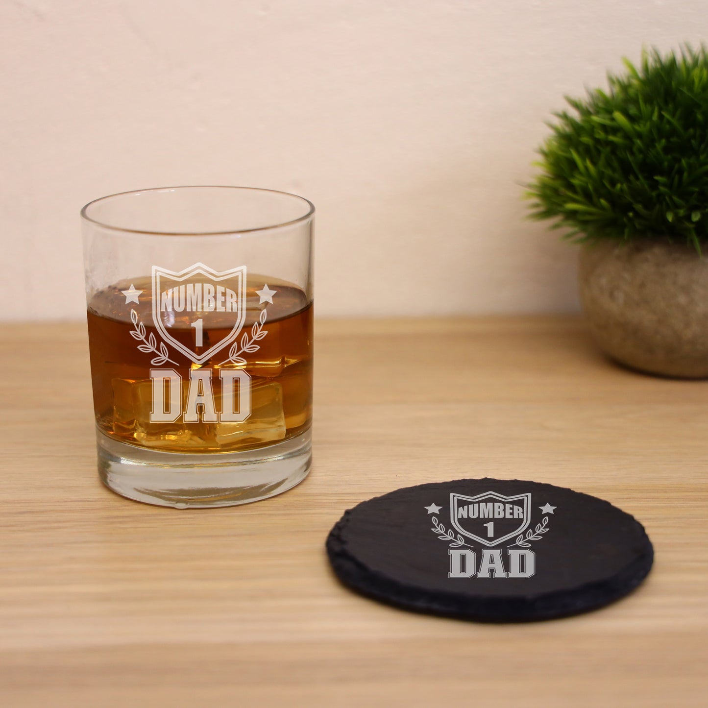 Engraved "Number 1 Dad" Whisky Glass and/or Coaster Set  - Always Looking Good - Glass & Round Coaster  
