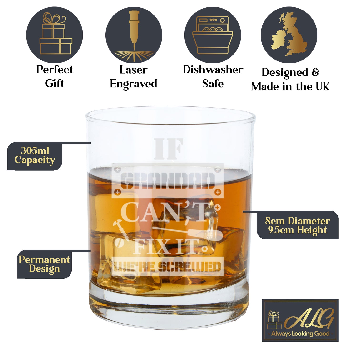 Engraved "If Grandad Can't Fix It We're Screwed " Novelty Whisky Glass and/or Coaster Set  - Always Looking Good -   