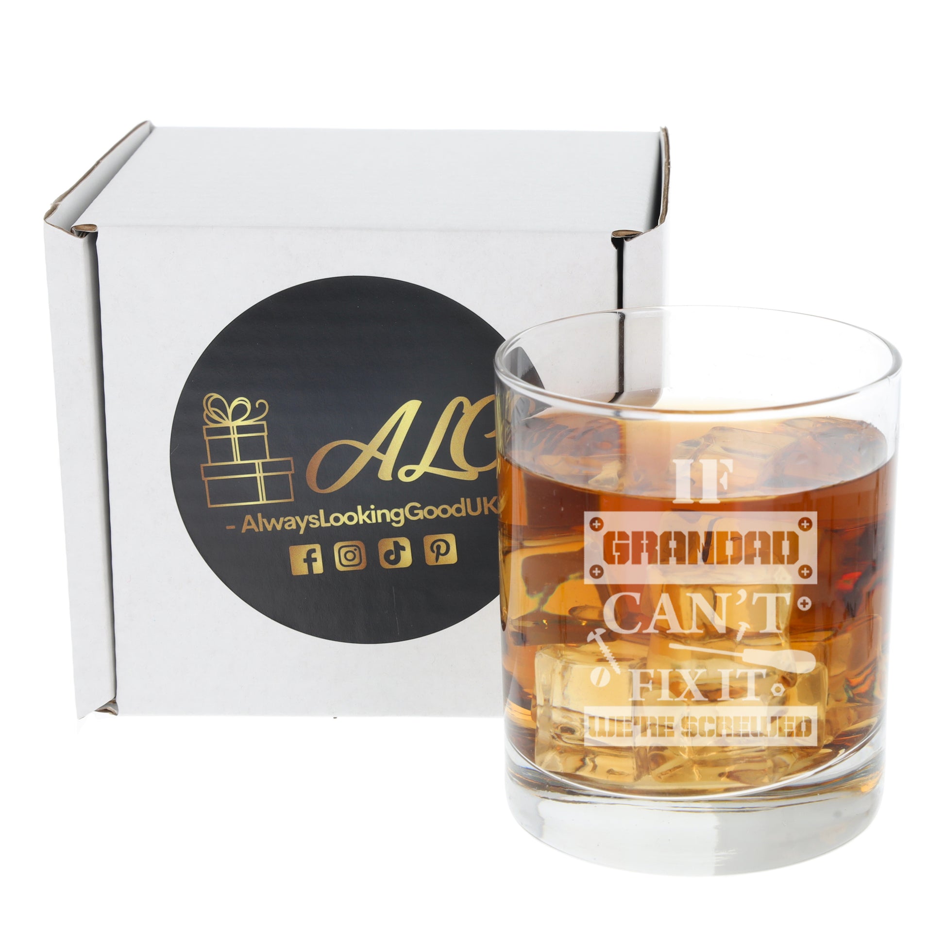 Engraved "If Grandad Can't Fix It We're Screwed " Novelty Whisky Glass and/or Coaster Set  - Always Looking Good -   