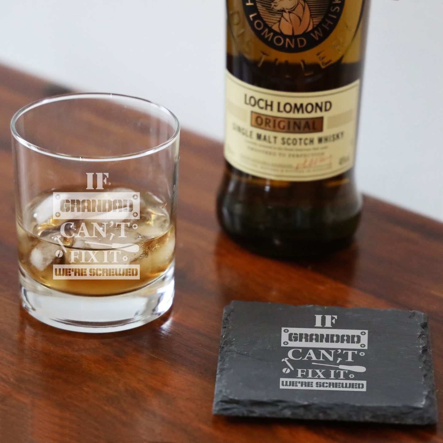 Engraved "If Grandad Can't Fix It We're Screwed " Novelty Whisky Glass and/or Coaster Set  - Always Looking Good - Glass & Square Coaster  