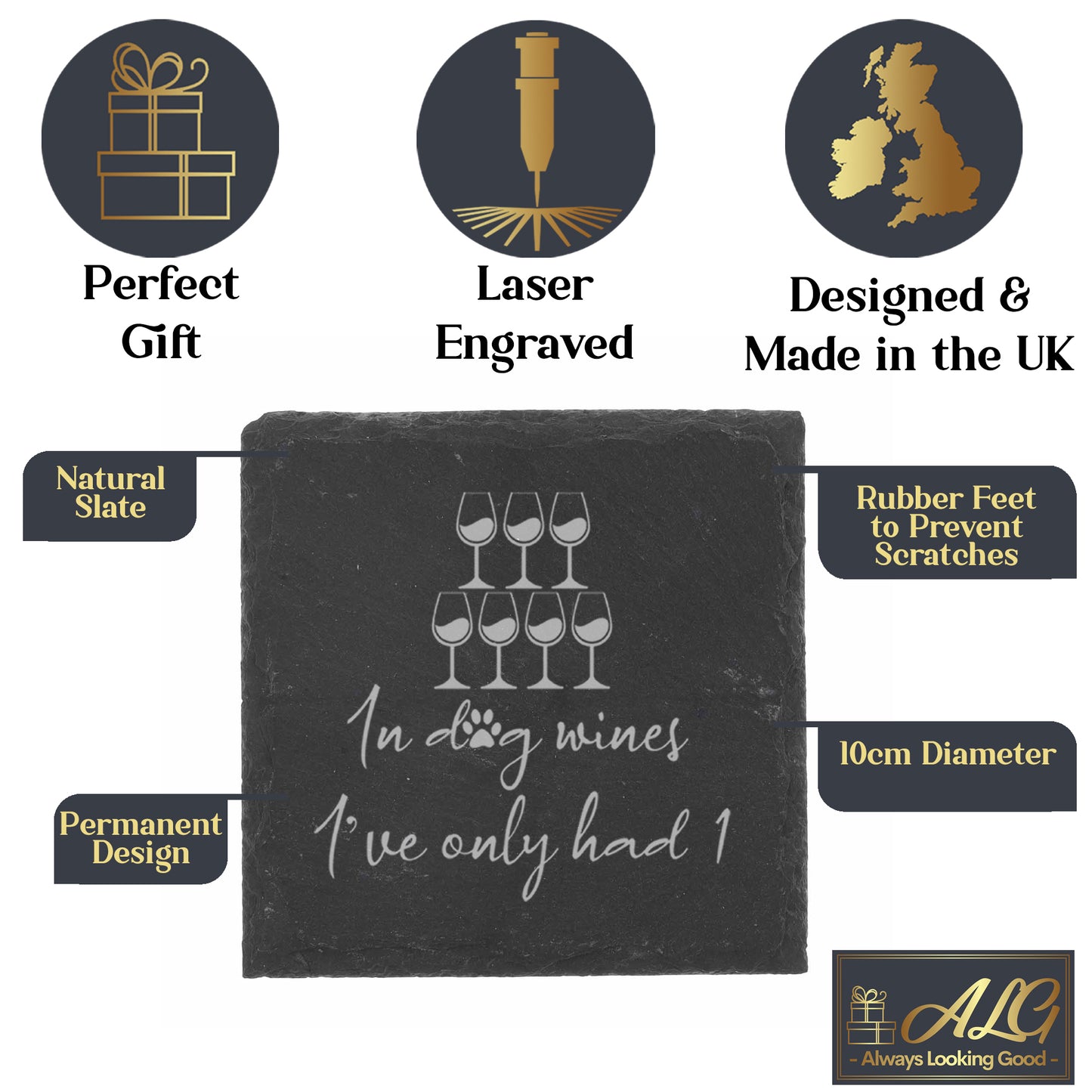 Engraved "In Dog Wines I've Only Had 1" Design Wine Glass and/or Coaster Gift  - Always Looking Good -   