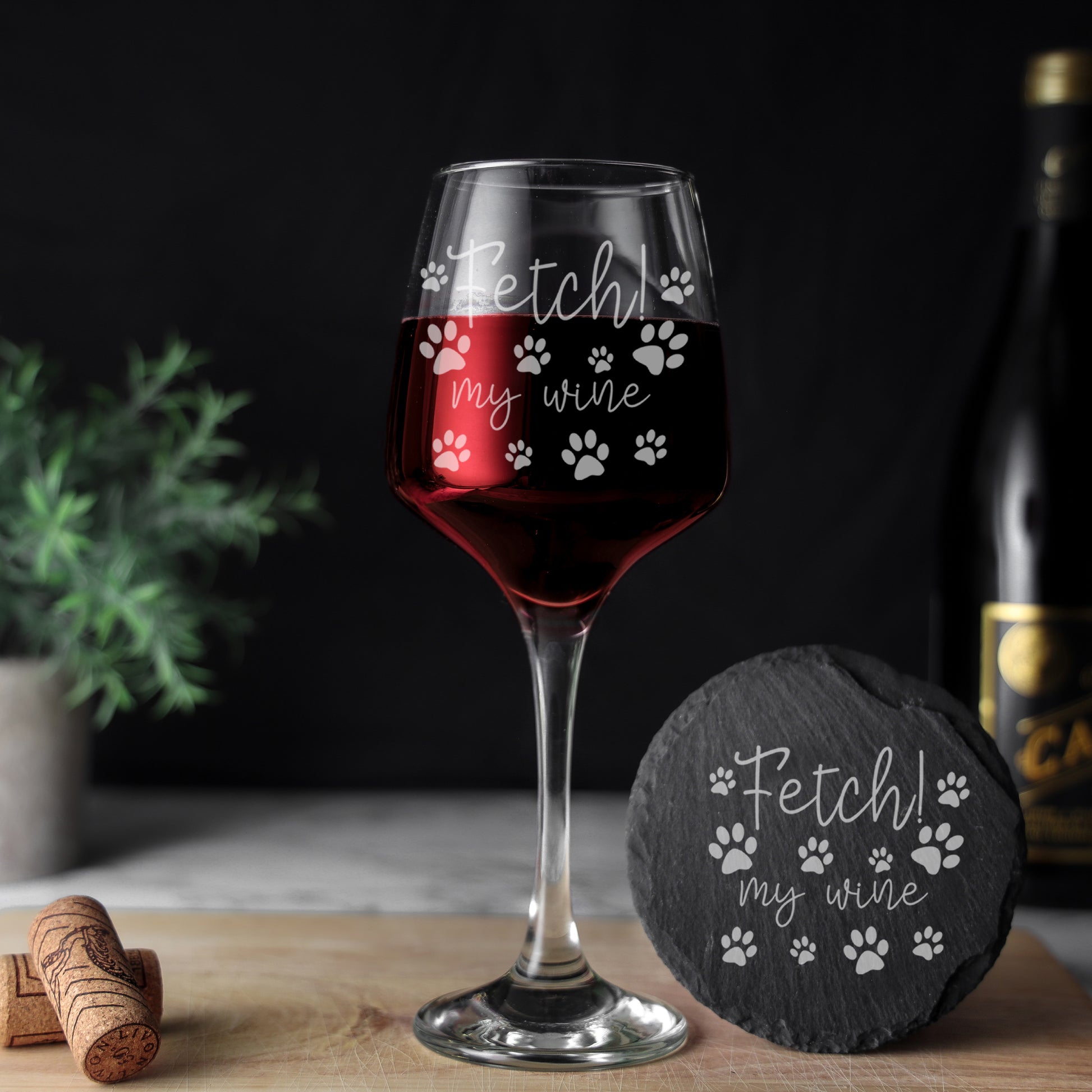 Engraved "Fetch My Wine" Design Wine Glass and/or Coaster Gift  - Always Looking Good - Glass & Round Coaster  